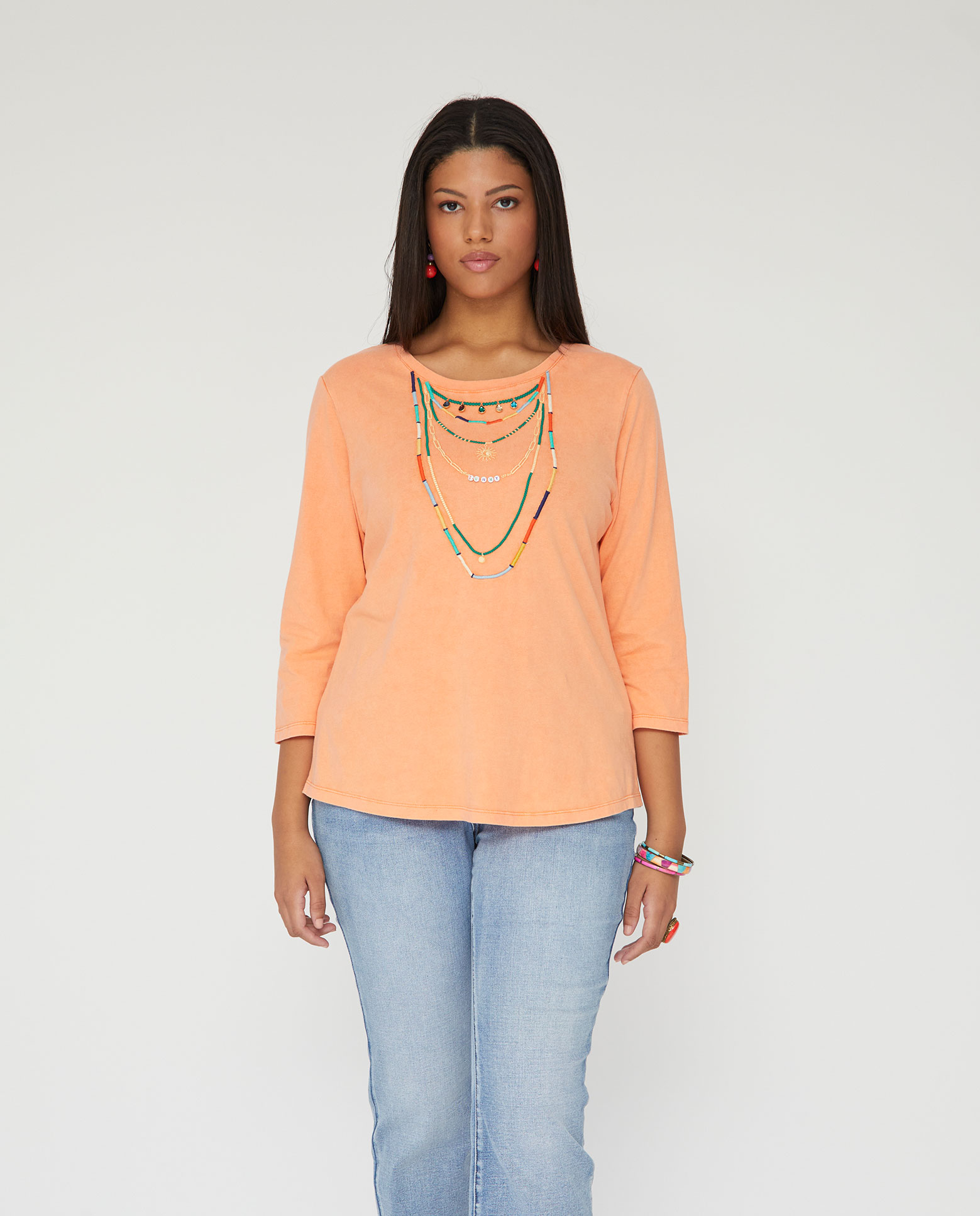 Camiseta de mujer lavada con apliques en cuello - October - Naranja fuerte Naranja fuerte-1