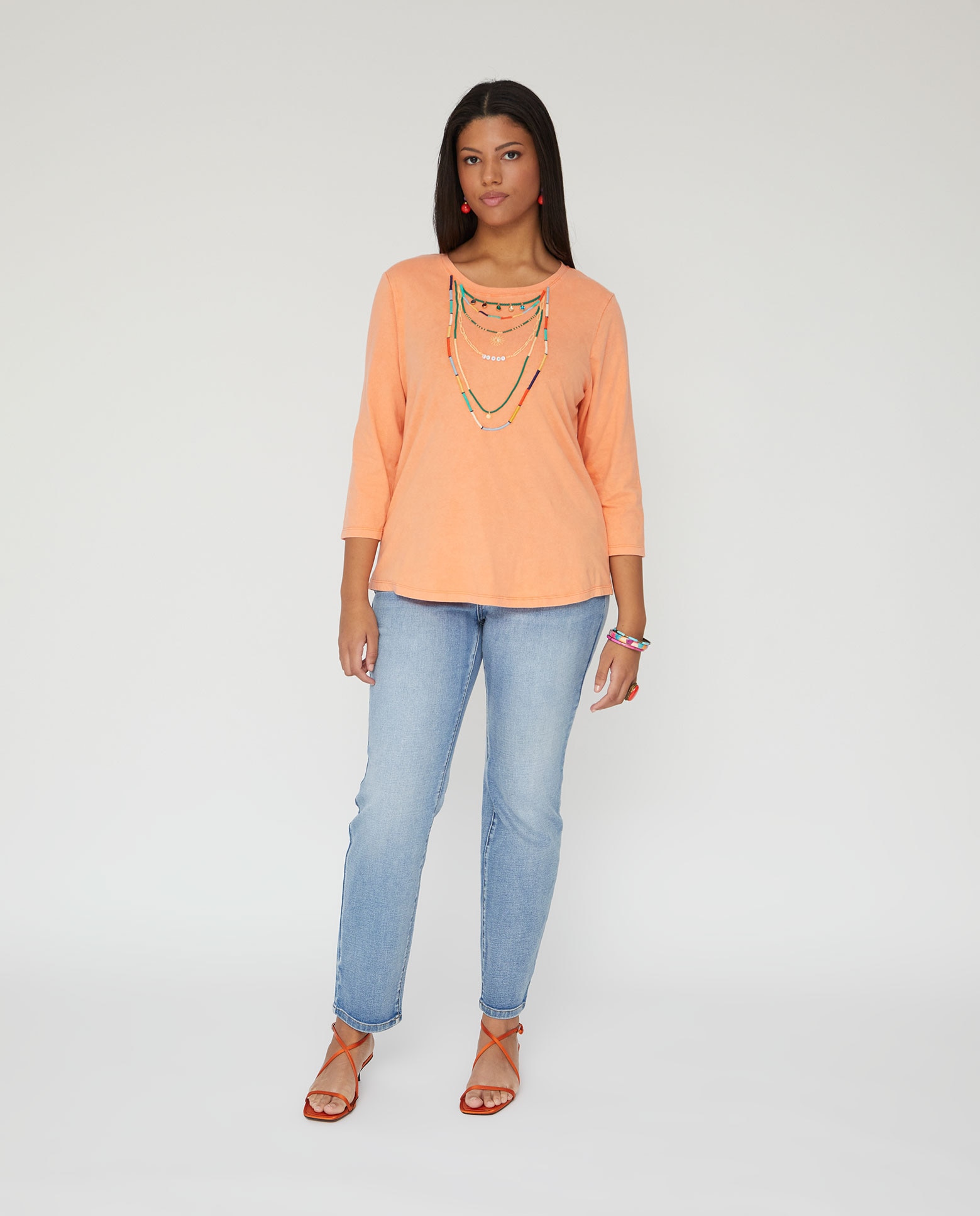 Camiseta de mujer lavada con apliques en cuello - October - Naranja fuerte Naranja fuerte-4