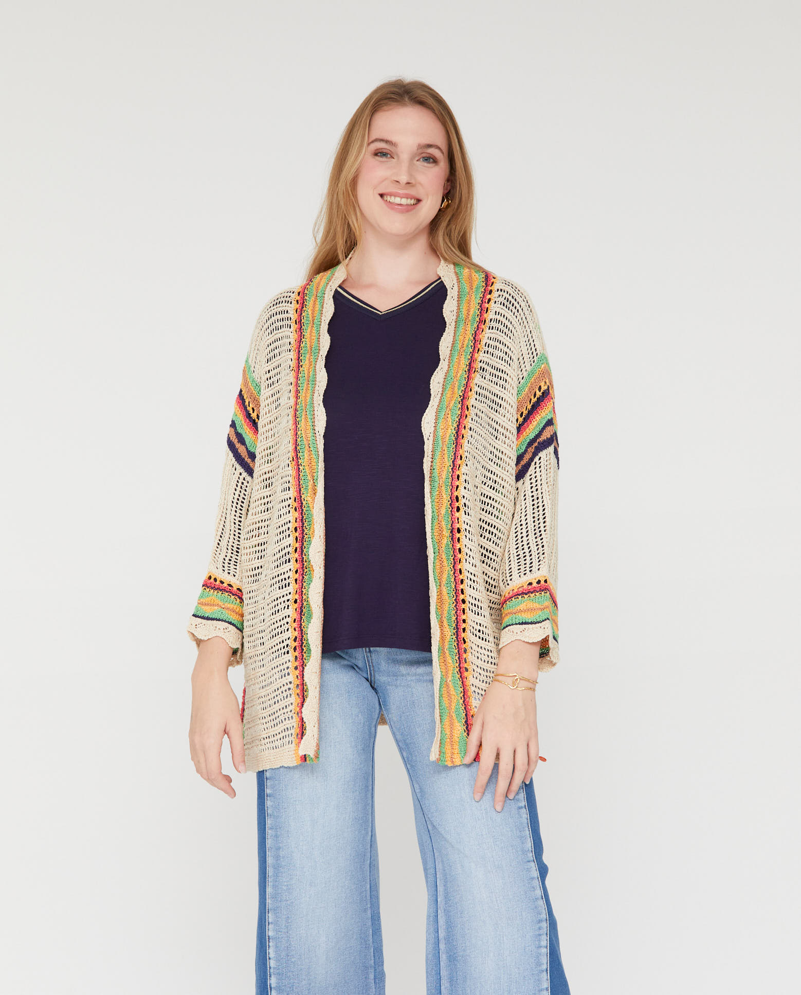 October - Cardigan de mujer de crochet con cenefas multicolor.