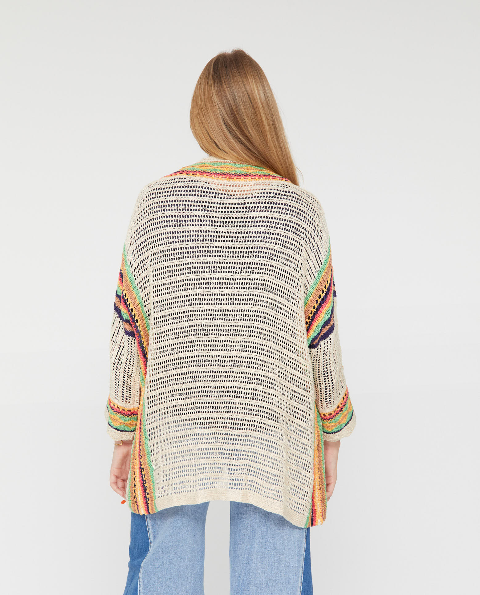 Cardigan de mujer de crochet con cenefas multicolor - October - Beige Beige-2