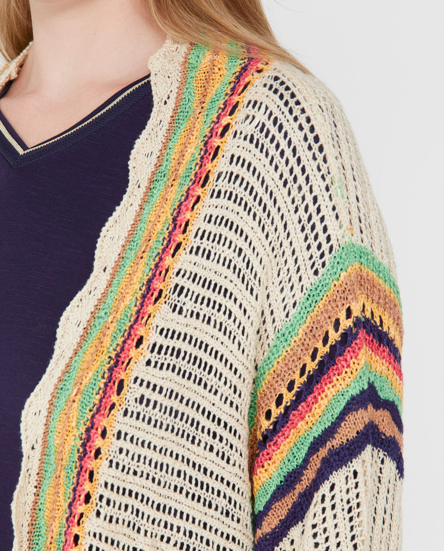 Cardigan de mujer de crochet con cenefas multicolor - October - Beige Beige-3