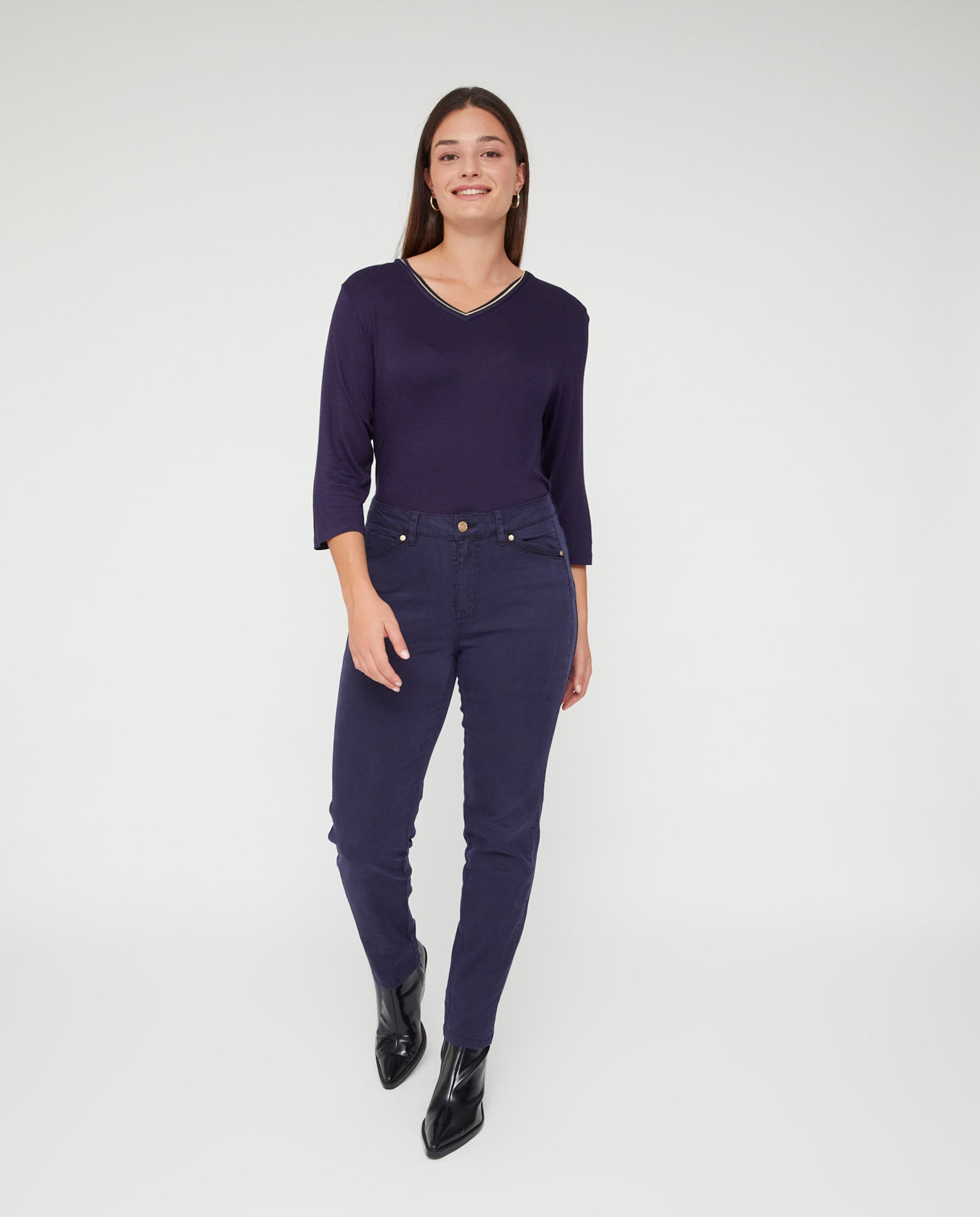 Pantalones rectos de mujer lavado 5 bolsillos bordado al tono - October - Azul marino Azul marino-1