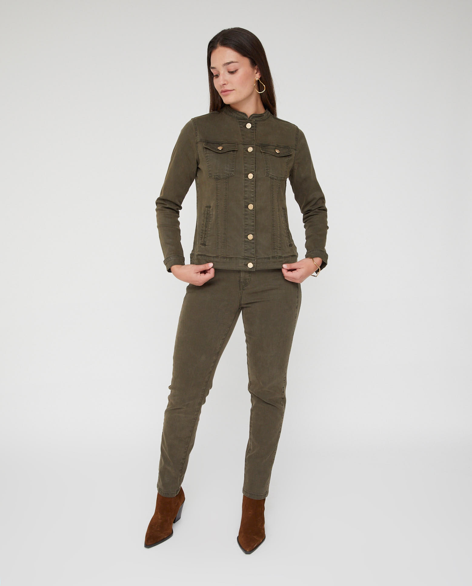 Cazadora de mujer cuello mao con bordado - October - Kaki Kaki-4