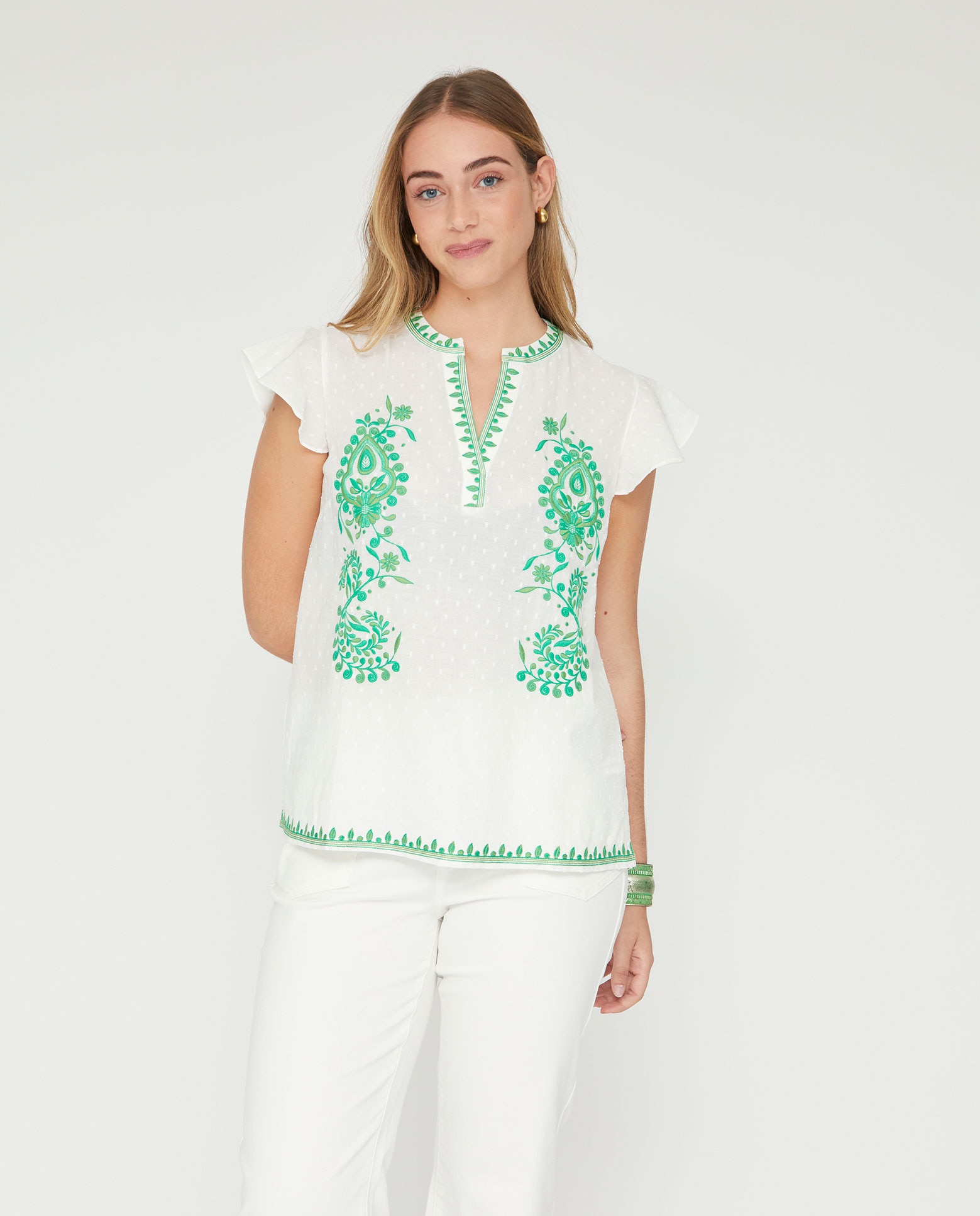 Blusa de mujer plumeti con bordado en color de contraste - October - Blanco / Verde Blanco / Verde-1