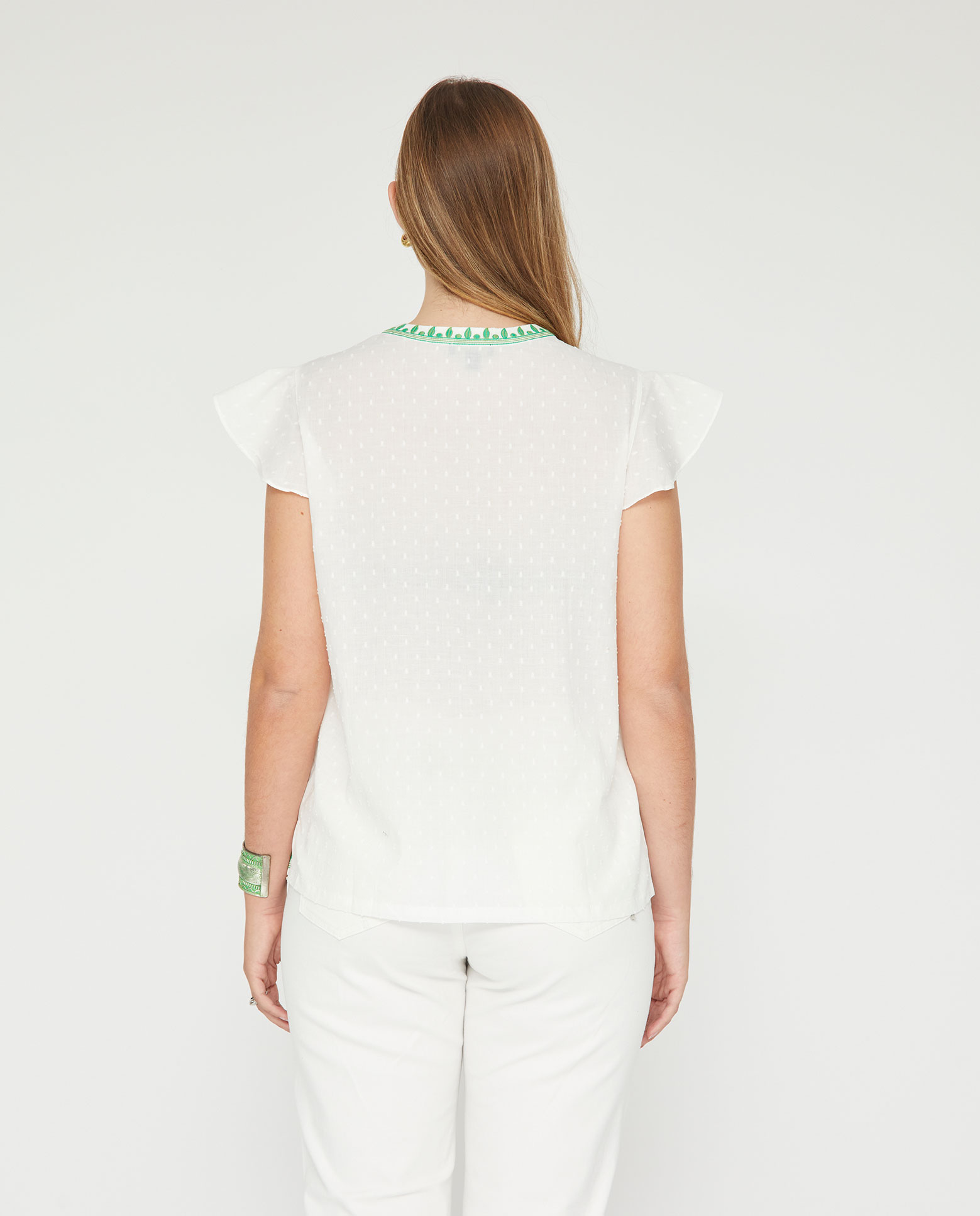 Blusa de mujer plumeti con bordado en color de contraste - October - Blanco / Verde Blanco / Verde-2