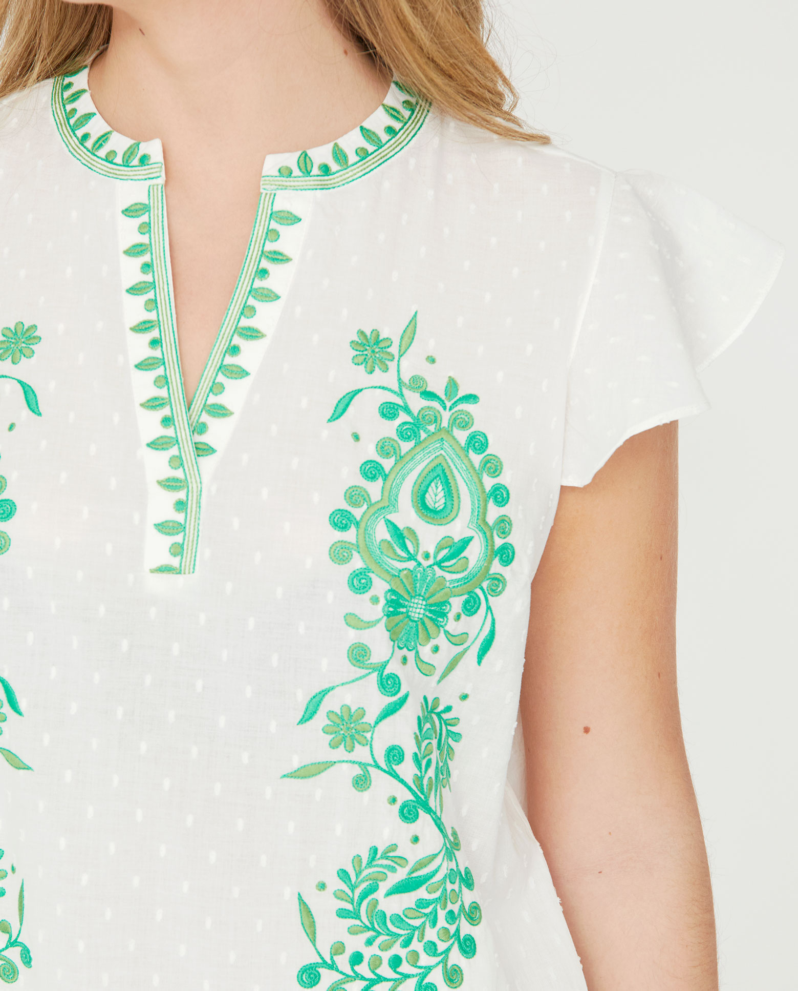 Blusa de mujer plumeti con bordado en color de contraste - October - Blanco / Verde Blanco / Verde-3