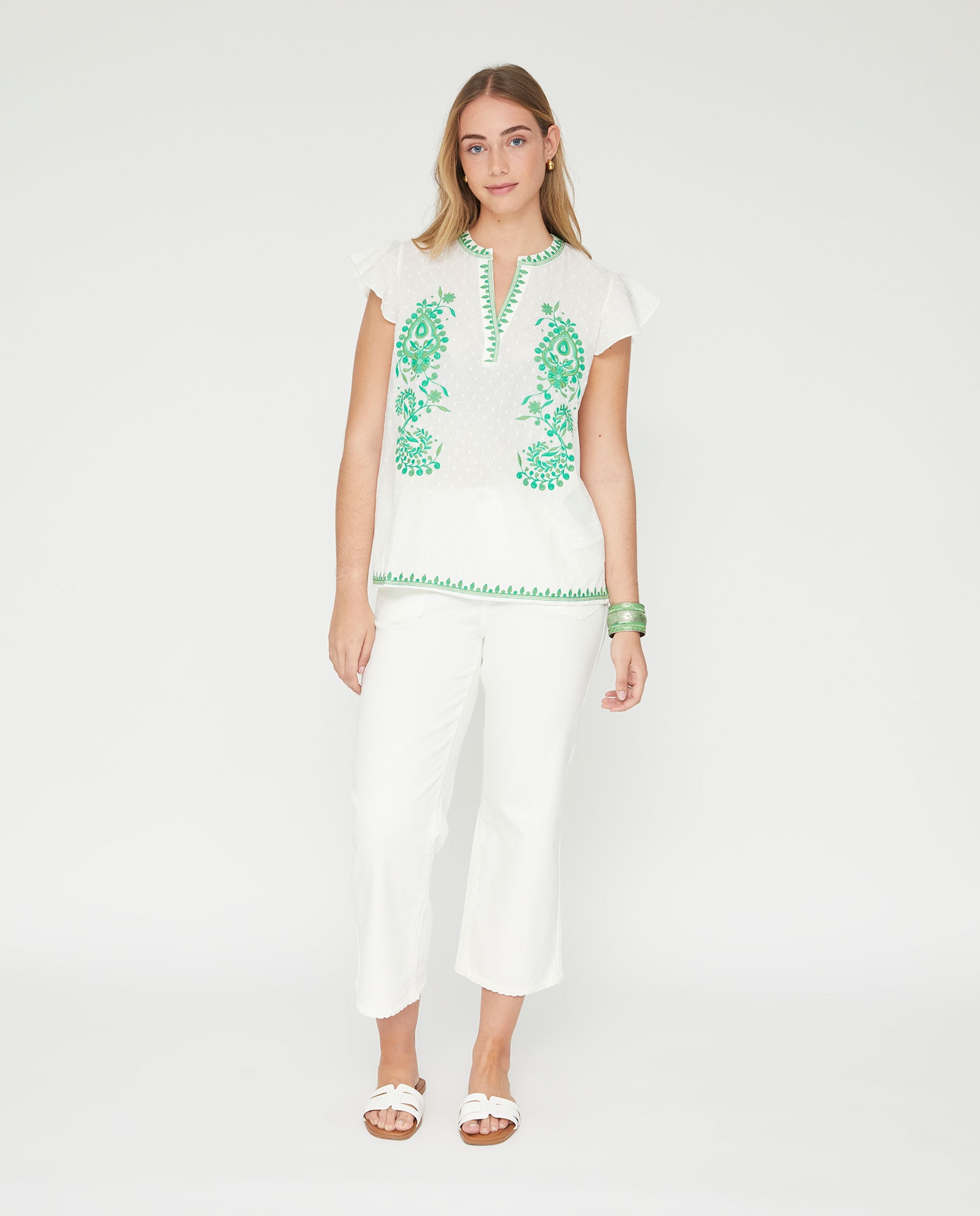 Blusa de mujer plumeti con bordado en color de contraste - October - Blanco / Verde Blanco / Verde-4