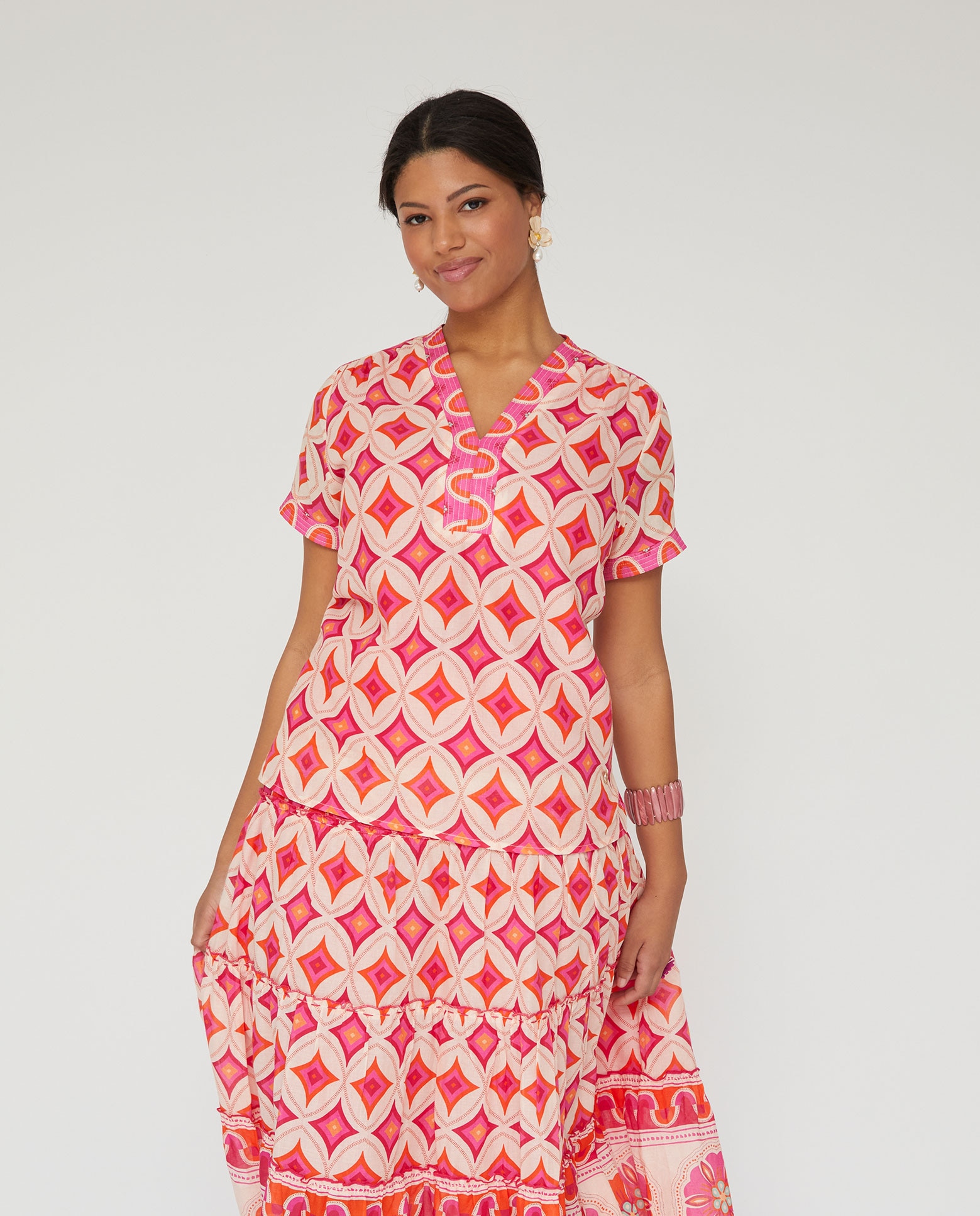 Blusa de mujer estampada - October - Blanco / Fucsia Blanco / Fucsia-1