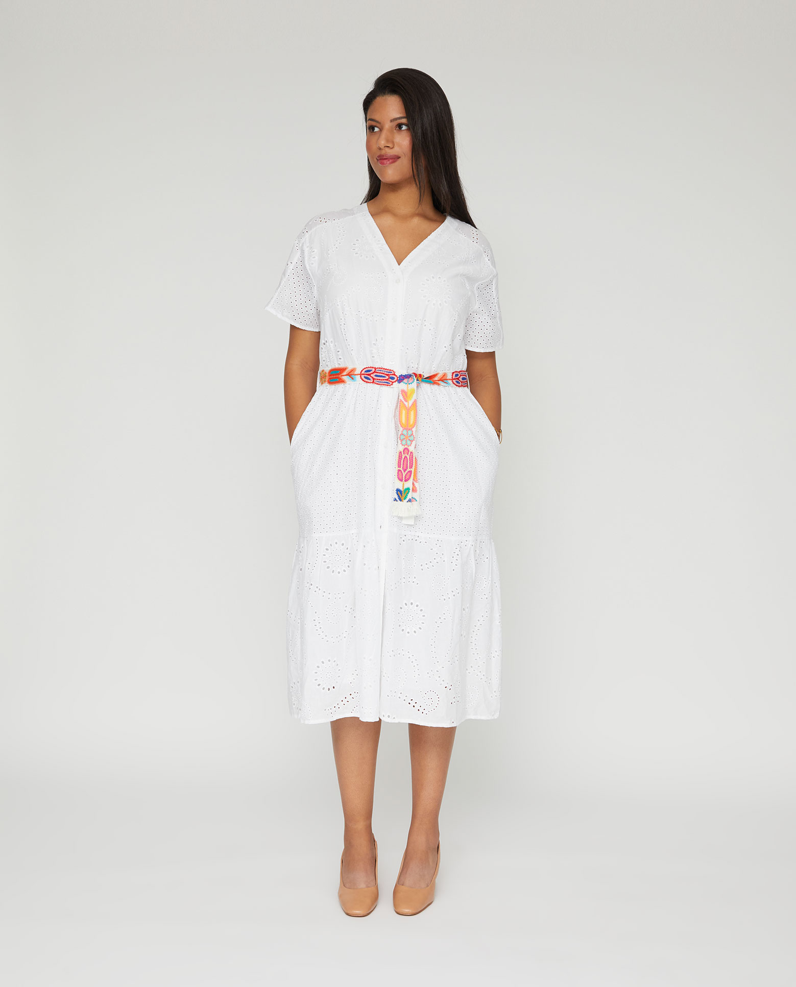 Vestido bordado suizo largo midi - October - Blanco Blanco-1