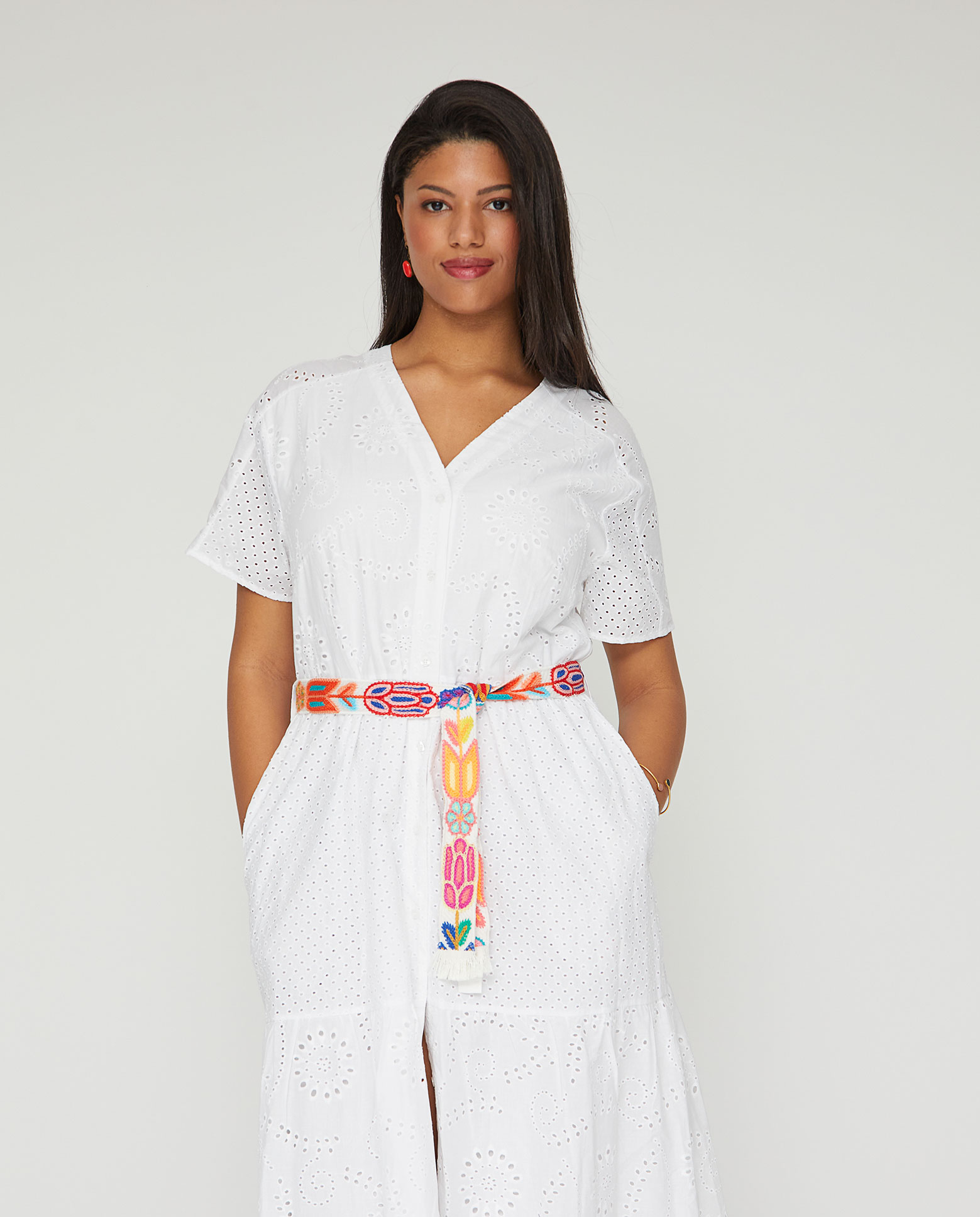 Vestido bordado suizo largo midi - October - Blanco Blanco-3
