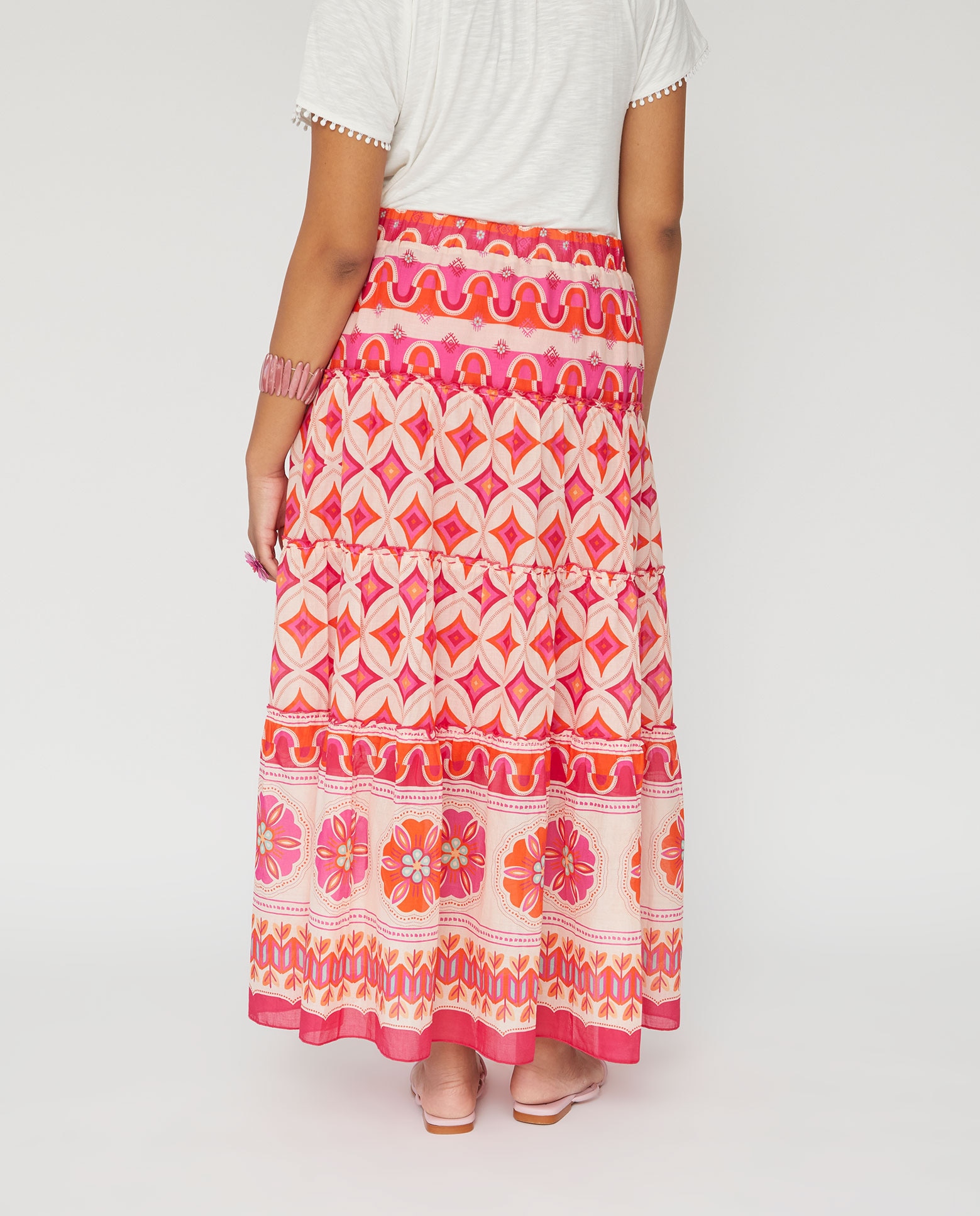 Falda larga estampada con volantes - October - Fucsia Fucsia-2