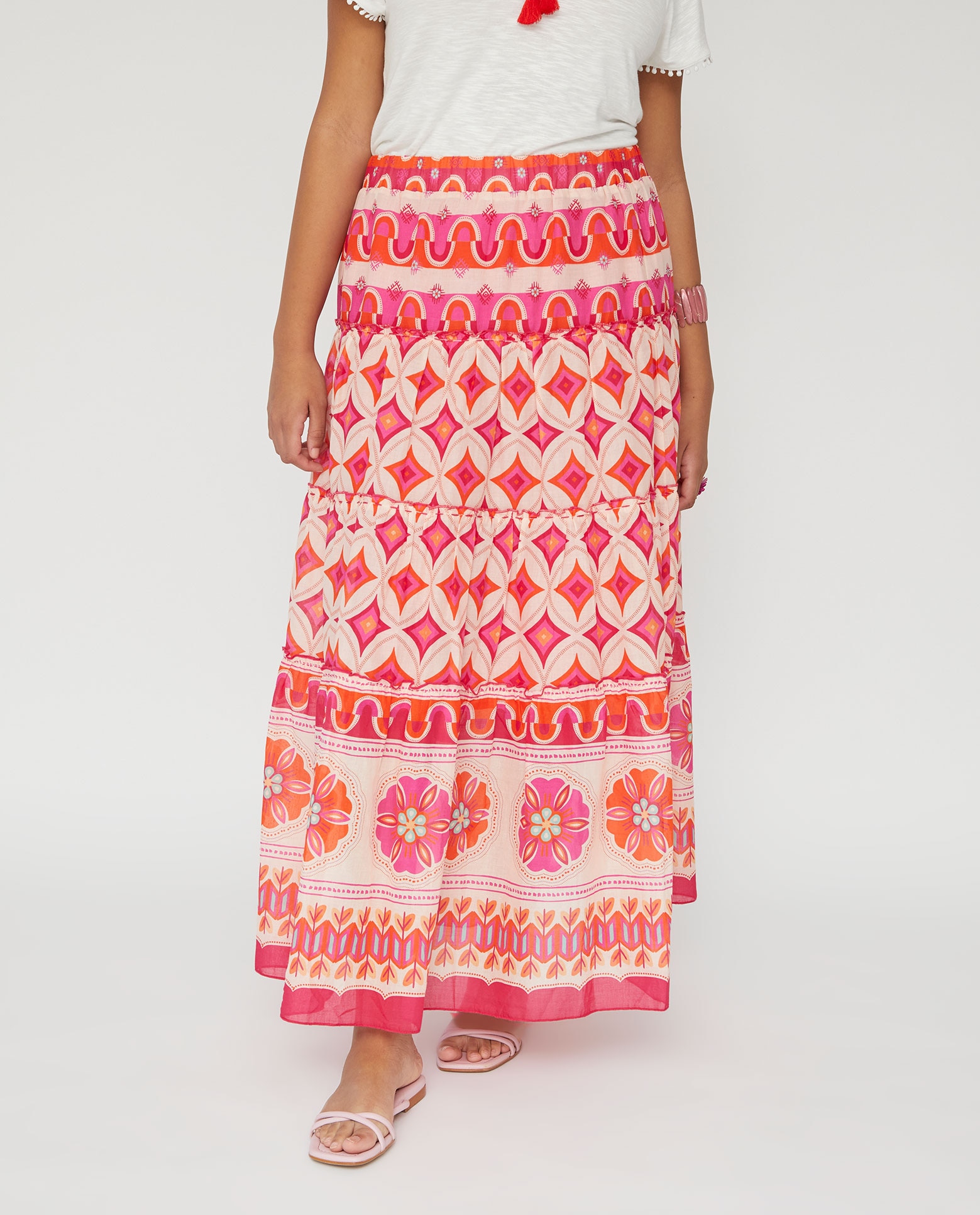 Falda larga estampada con volantes - October - Fucsia Fucsia-4