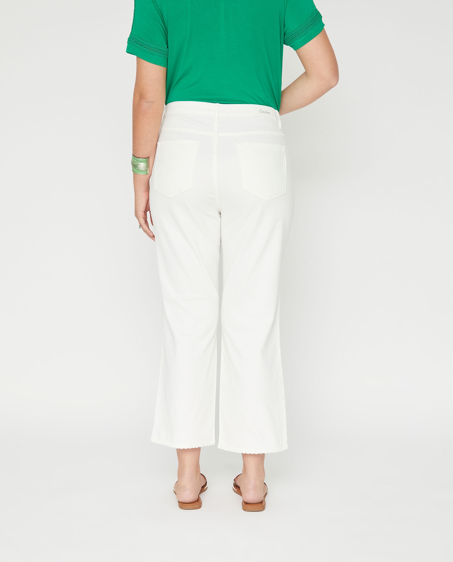 Pantalones rectos de mujer bolsillos patch y puntilla en bajo - October - Blanco Blanco-2