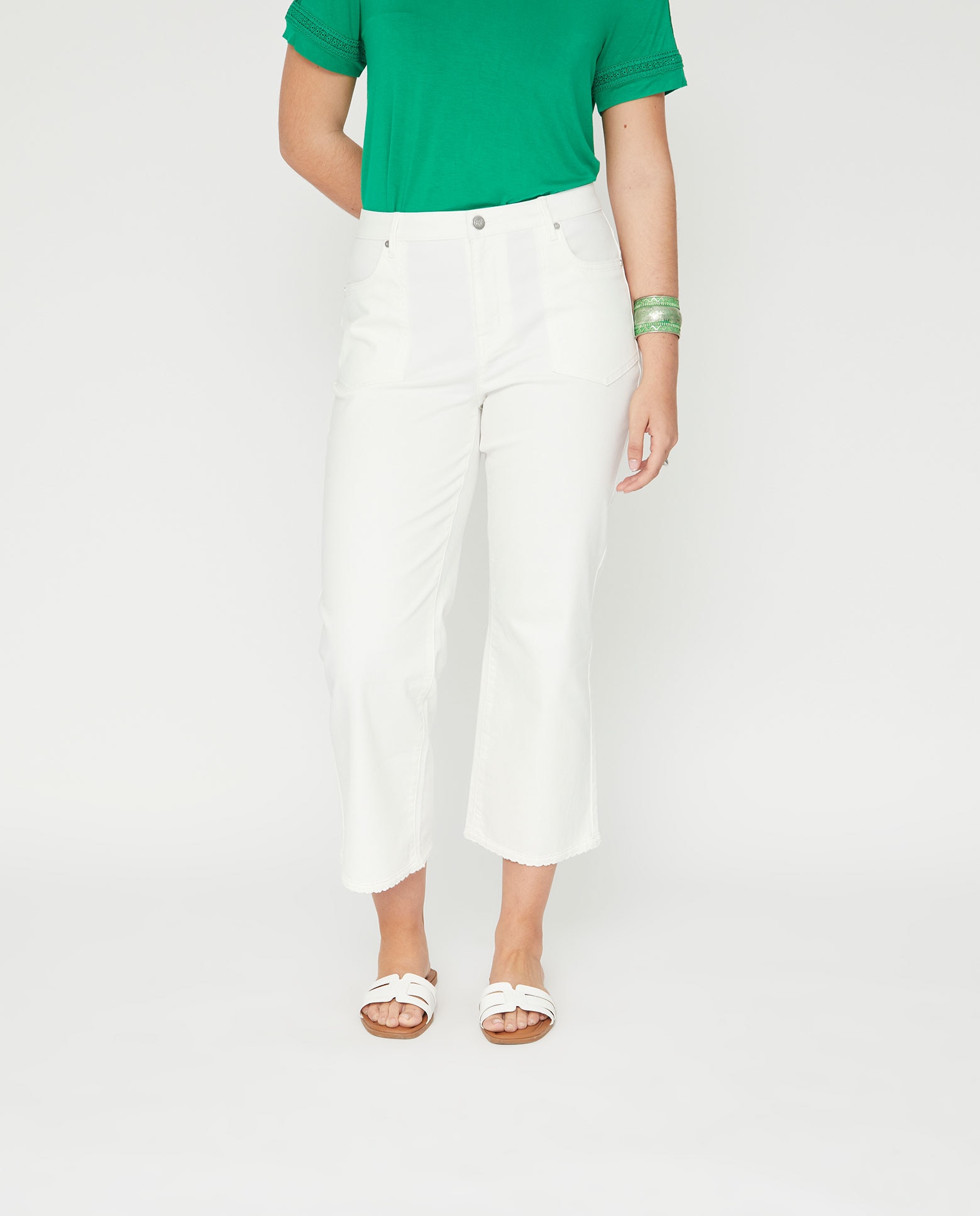 Pantalones rectos de mujer bolsillos patch y puntilla en bajo - October - Blanco Blanco-4