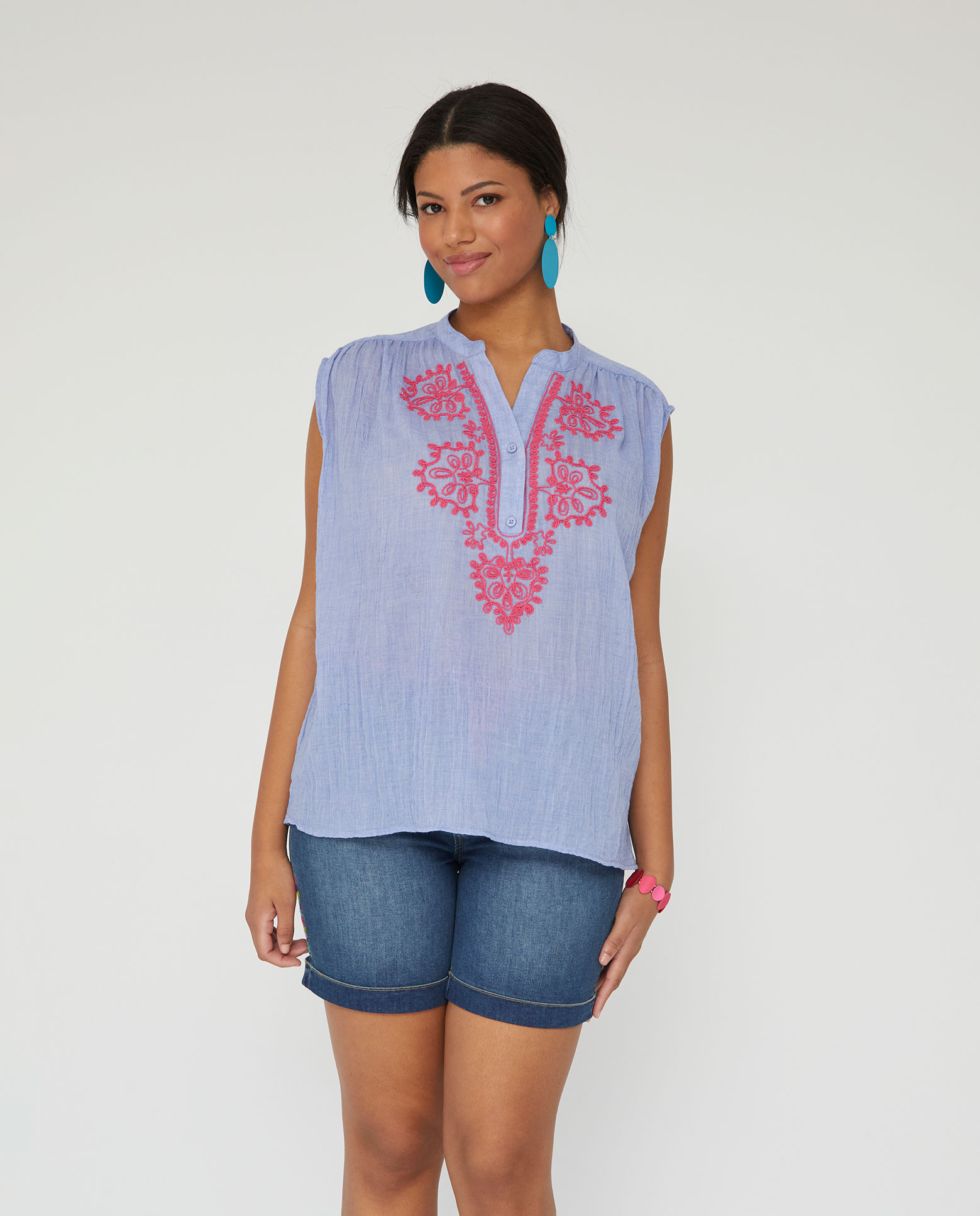 Blusa de mujer manga caida con bordado contraste - October - Azul Azul-1
