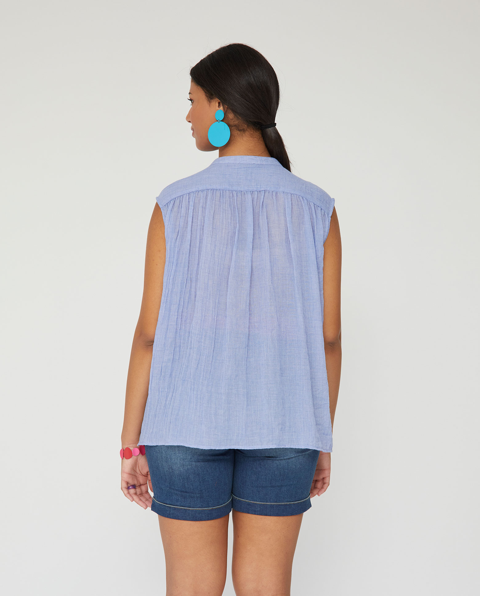 Blusa de mujer manga caida con bordado contraste - October - Azul Azul-2