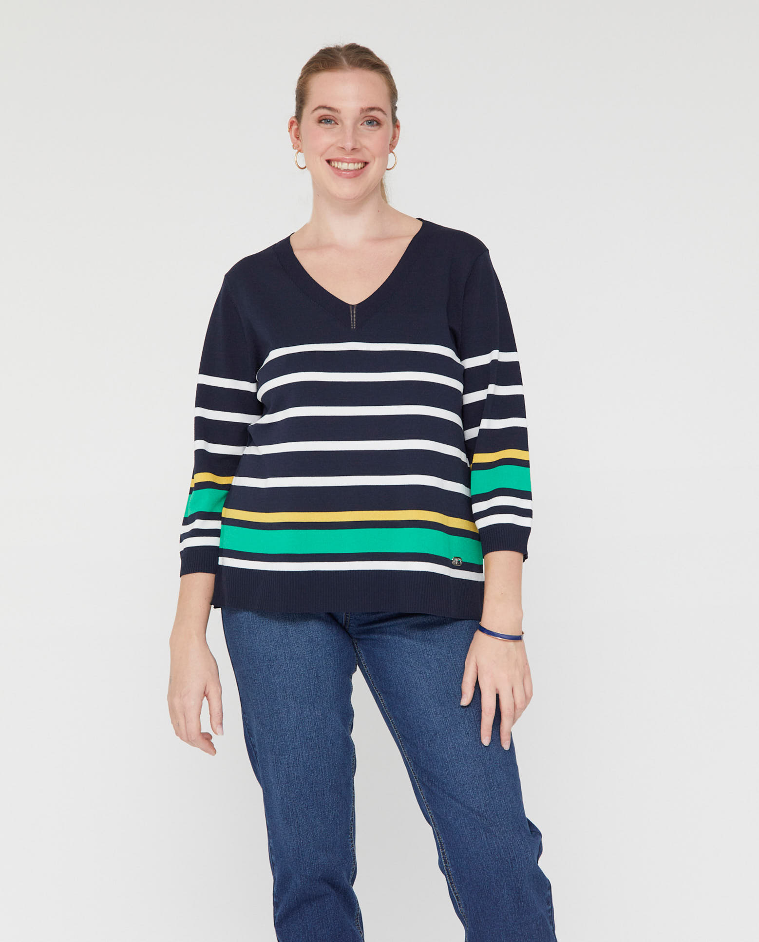 Jersey de mujer manga tres cuartos con escote pico y rayas Multicolor October Multicolor-1