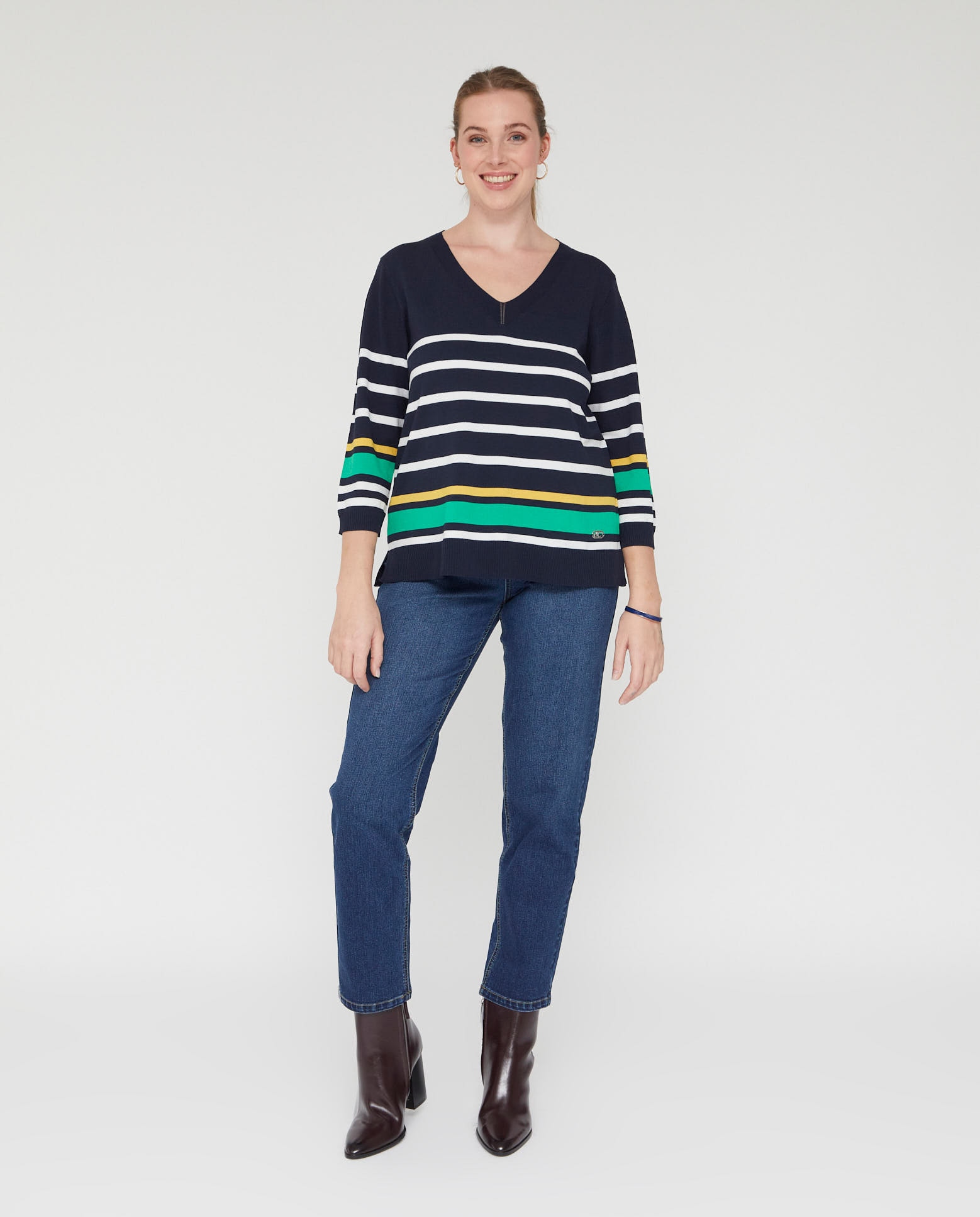 Jersey de mujer manga tres cuartos con escote pico y rayas Multicolor October Multicolor-4
