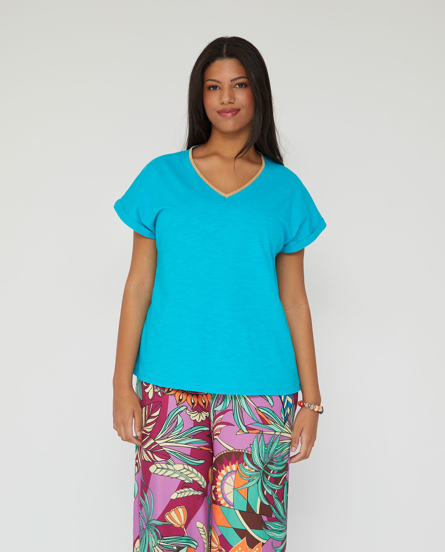 Camiseta escote pico manga corta - October - Turquesa Turquesa-1