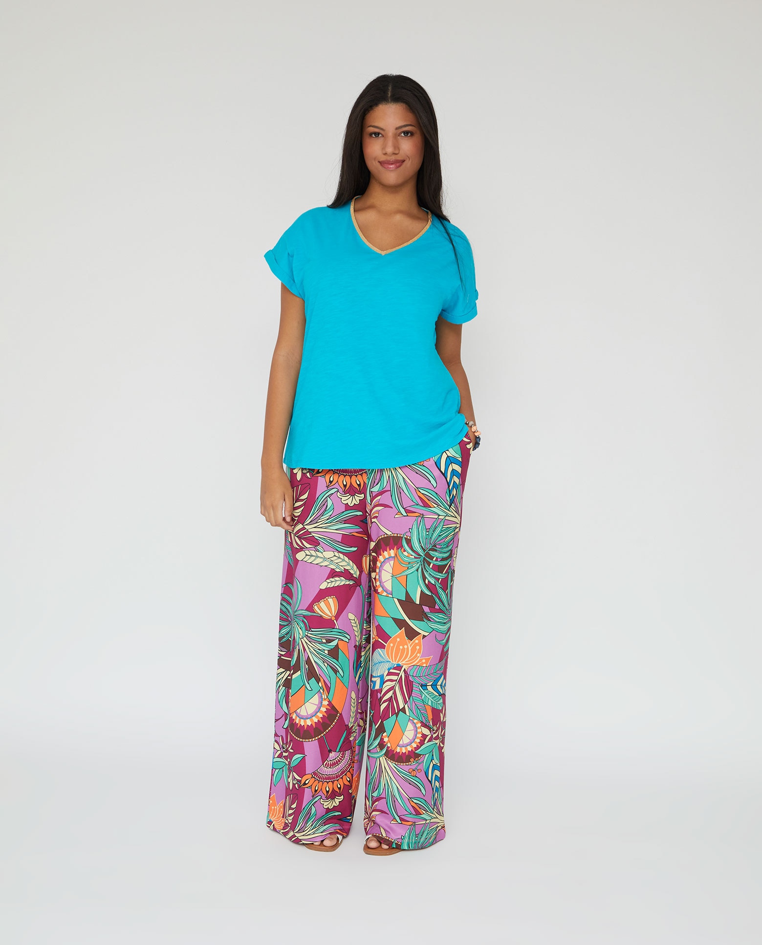Camiseta escote pico manga corta - October - Turquesa Turquesa-4