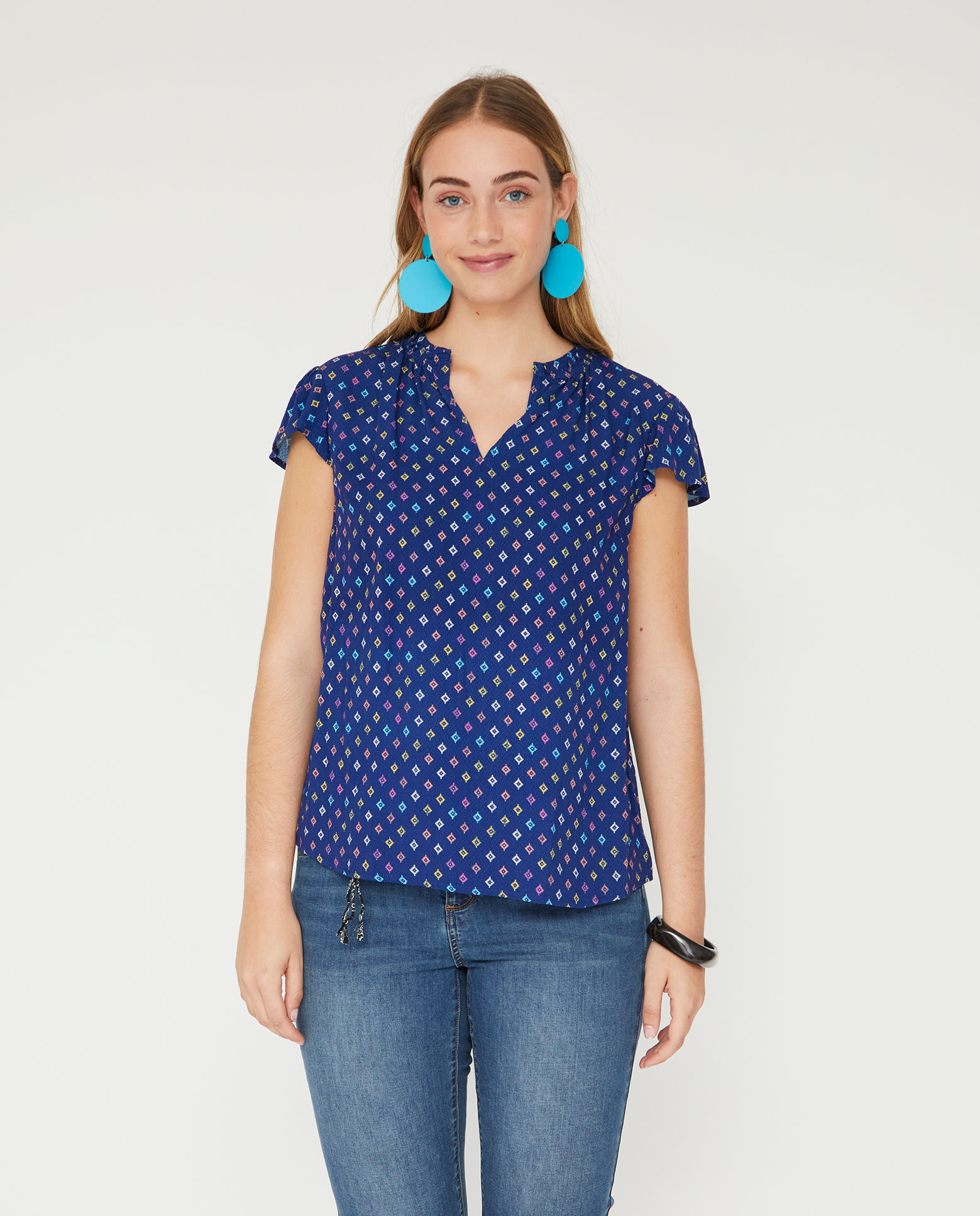 Blusa de mujer basica estampada manga corta - October - Azul Azul-1