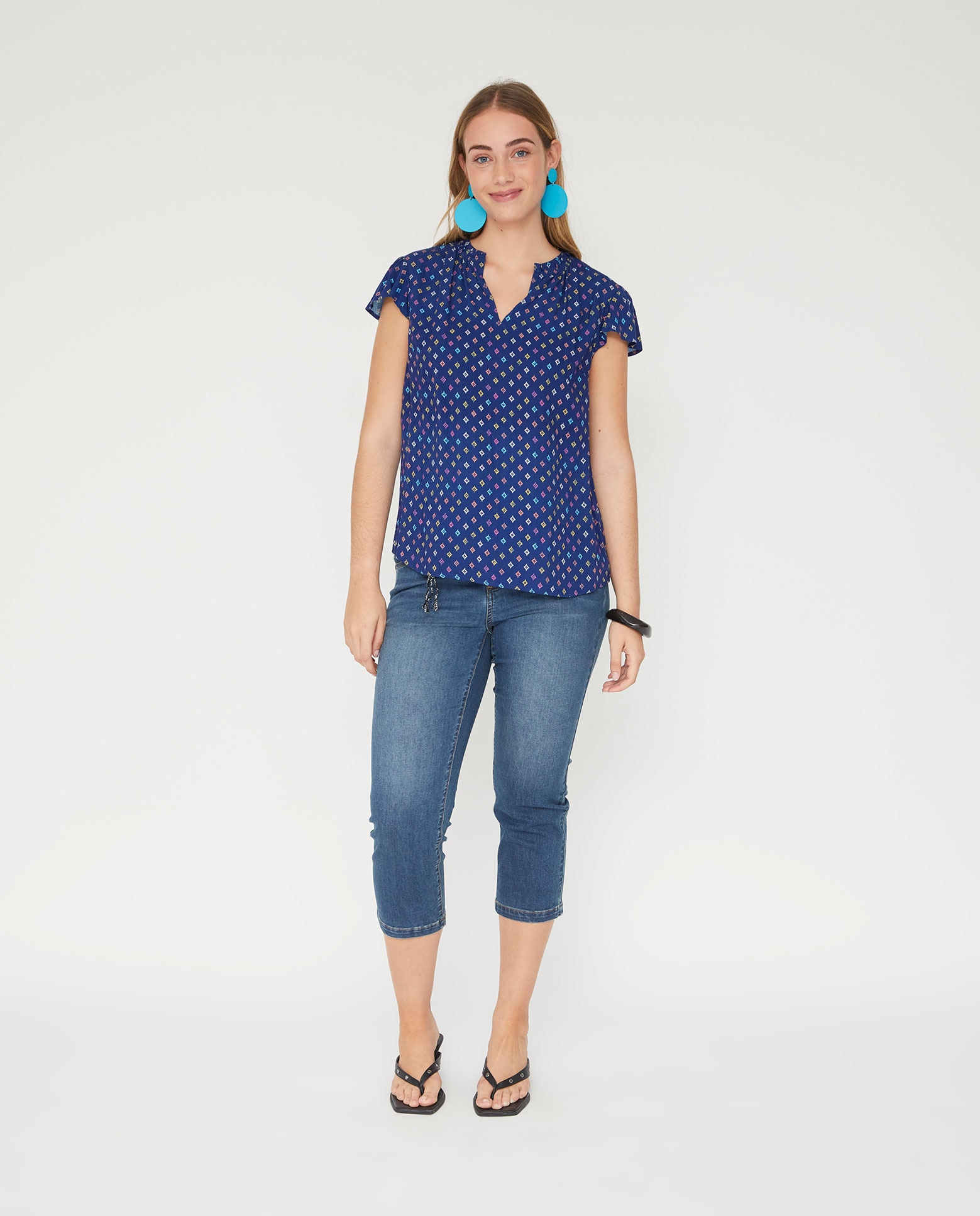 Blusa de mujer basica estampada manga corta - October - Azul Azul-4