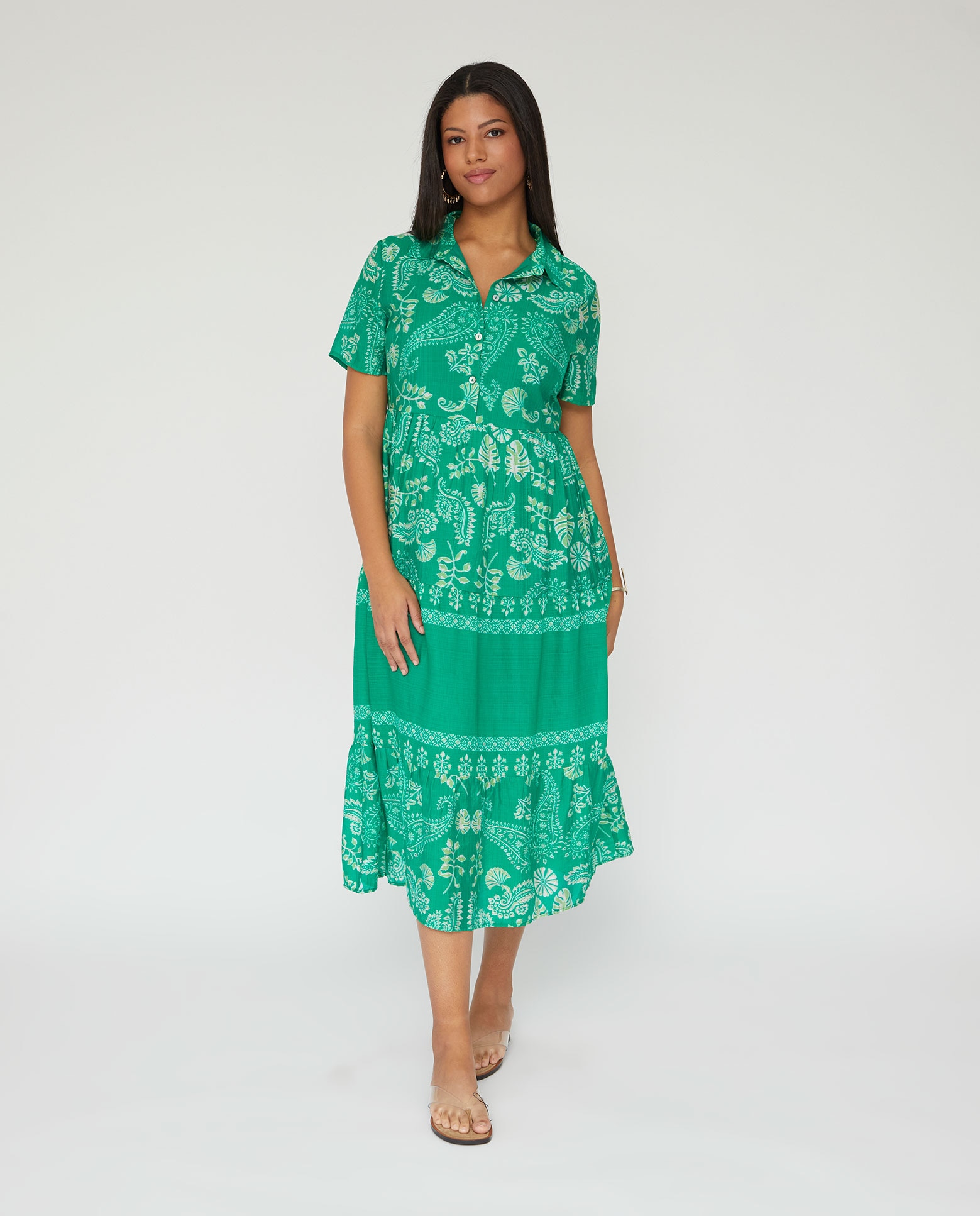 Vestido largo estampado cuello solapa manga corta - October - Verde Verde-1