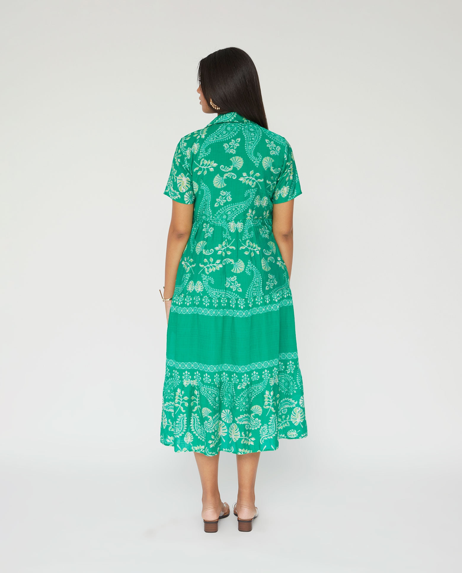 Vestido largo estampado cuello solapa manga corta - October - Verde Verde-2