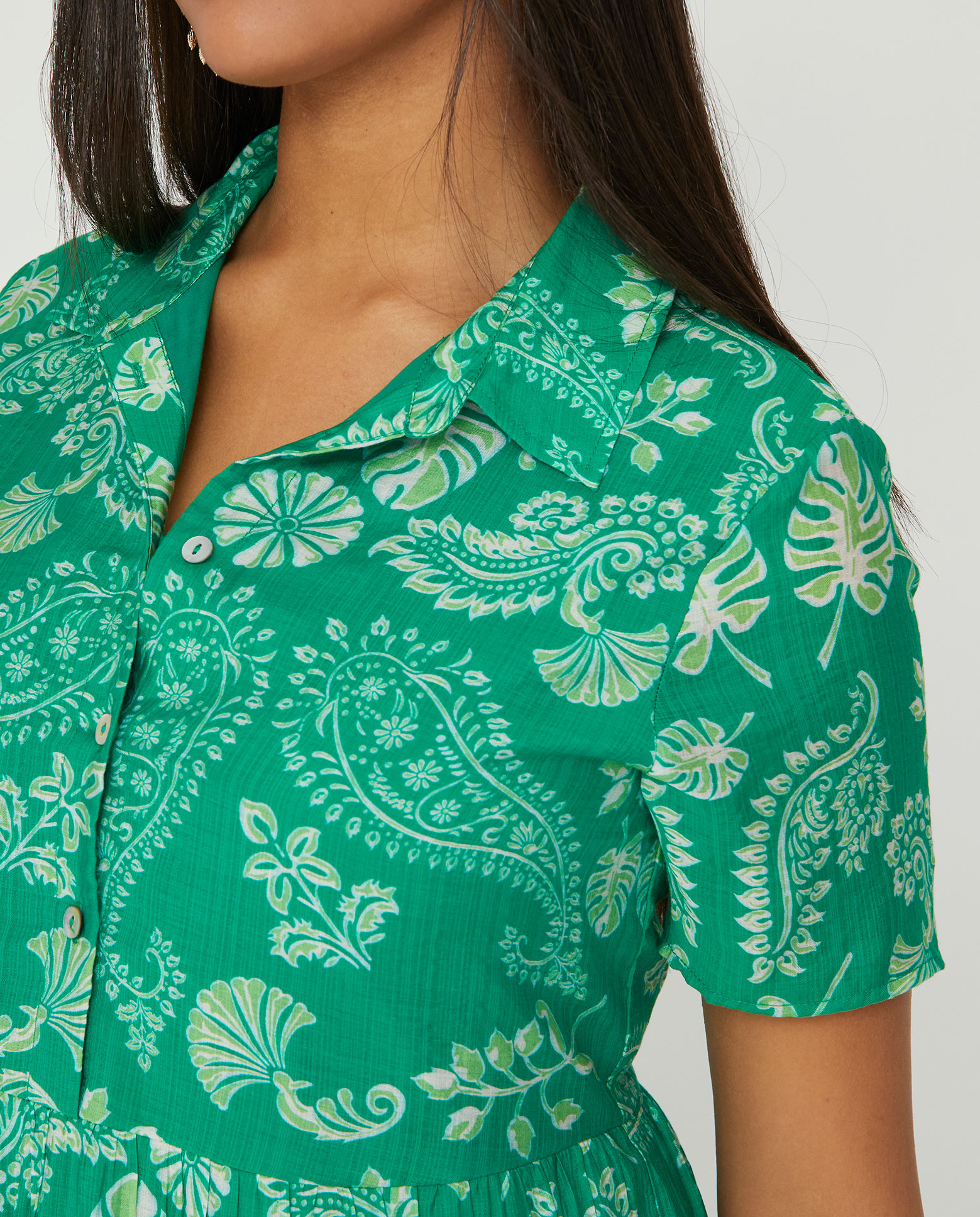 Vestido largo estampado cuello solapa manga corta - October - Verde Verde-3