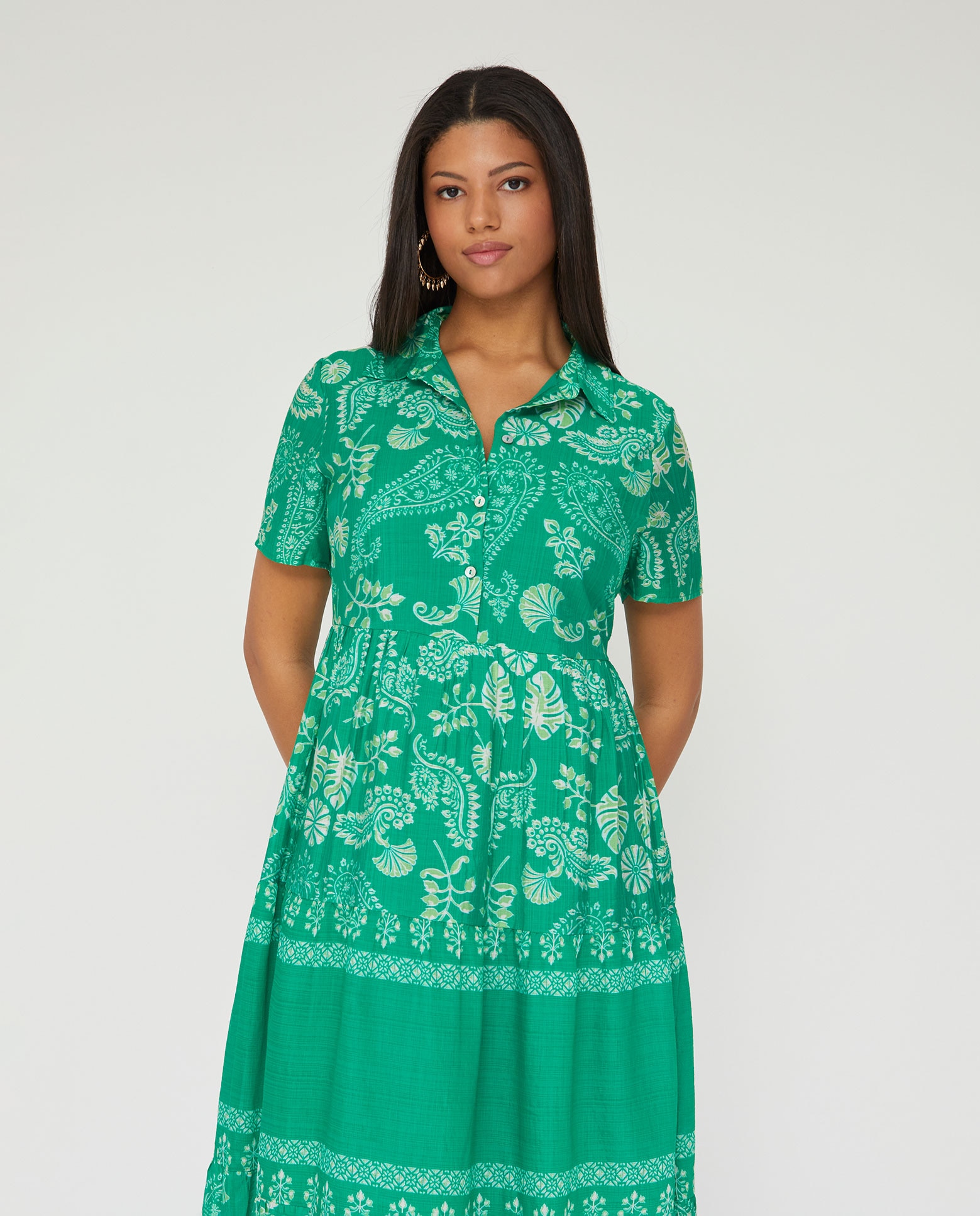 Vestido largo estampado cuello solapa manga corta - October - Verde Verde-4