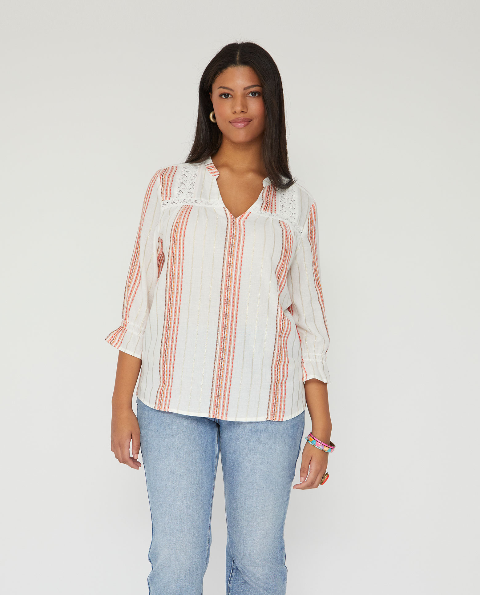 Blusa de mujer rayas cuello mao - October - Crudo Crudo-1