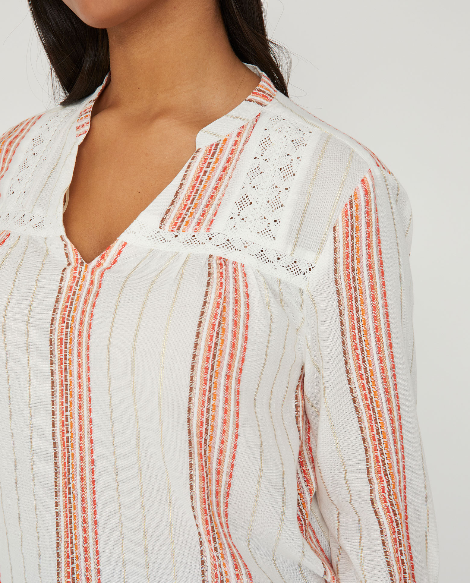 Blusa de mujer rayas cuello mao - October - Crudo Crudo-3
