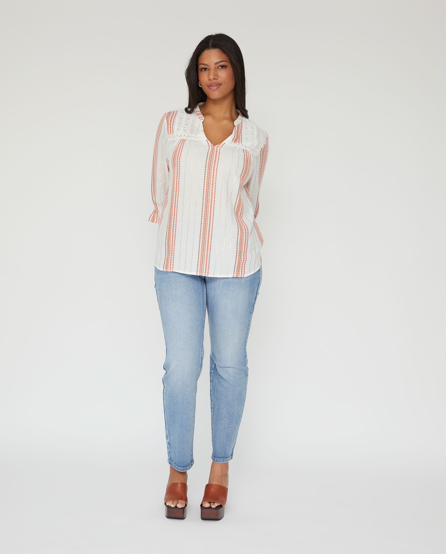Blusa de mujer rayas cuello mao - October - Crudo Crudo-4
