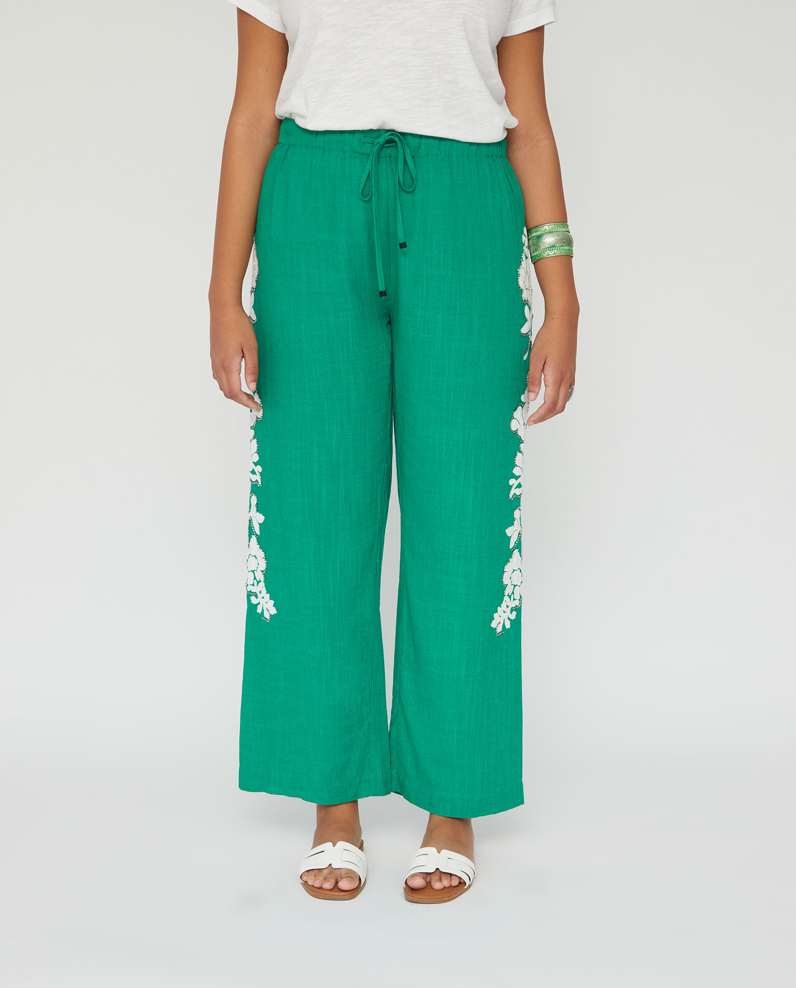 Pantalón bordado de mujer con abalorios - October - Verde Verde-4