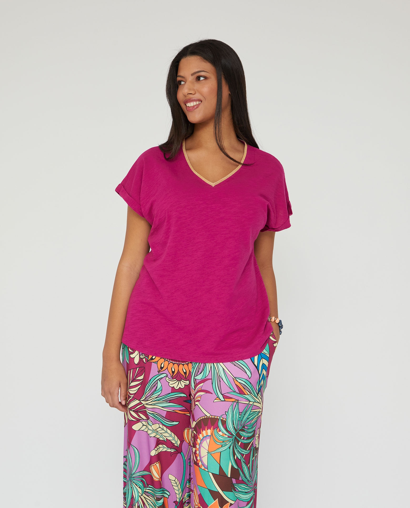 Camiseta escote pico manga corta - October - Magenta Magenta-1