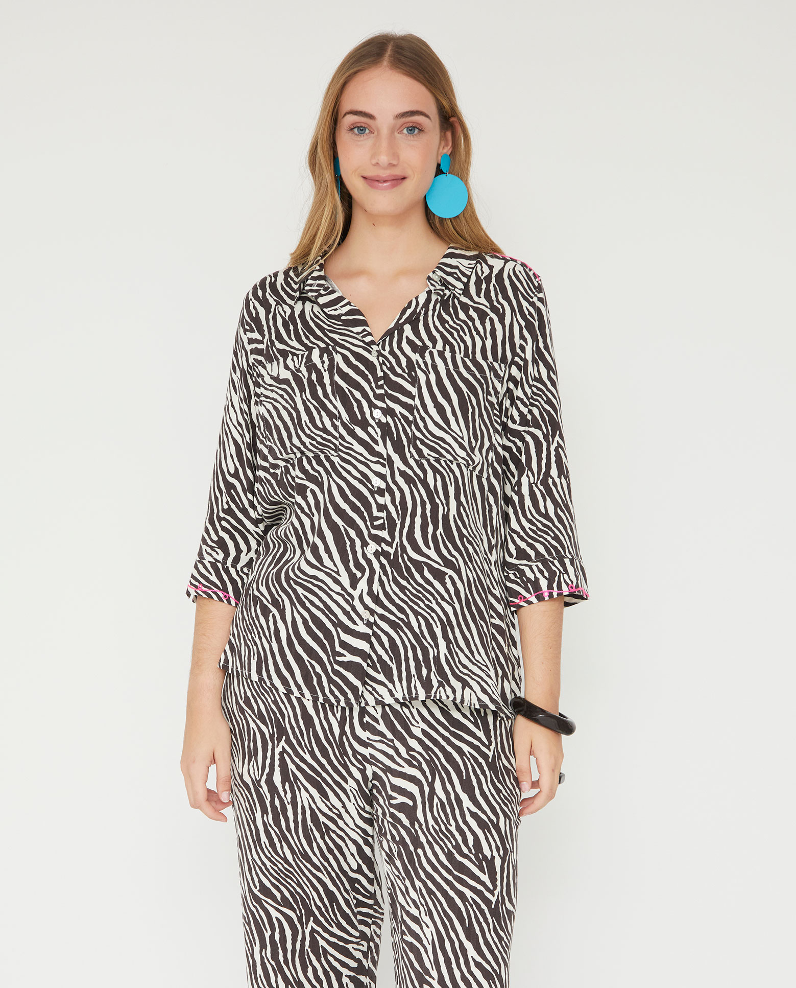 Blusa de mujer estampada con bordado en contraste - October - Marrón Marrón-1