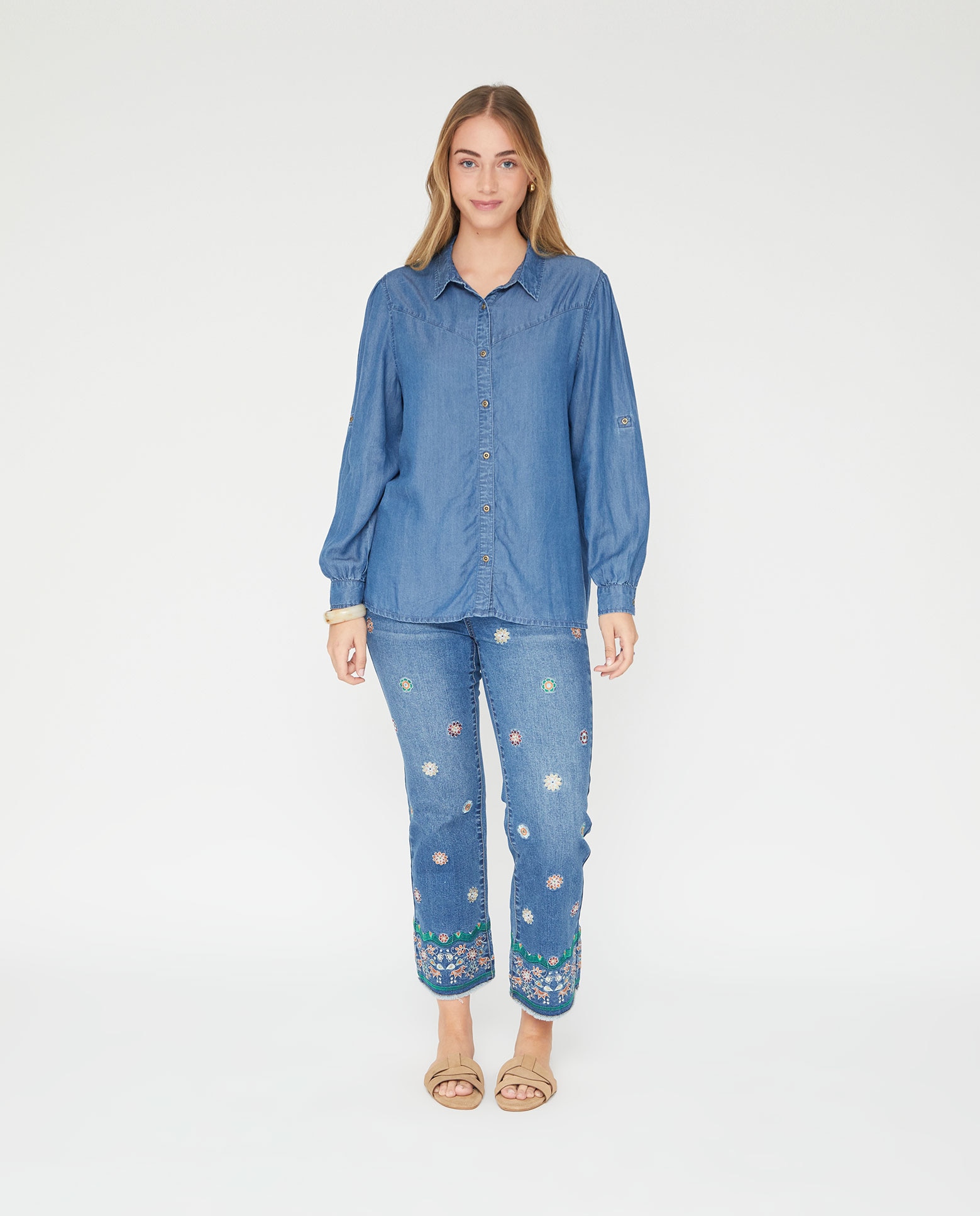 Blusa de mujer tencel con canesu delantero y manga ajustable - October - Azul denim Azul denim-4