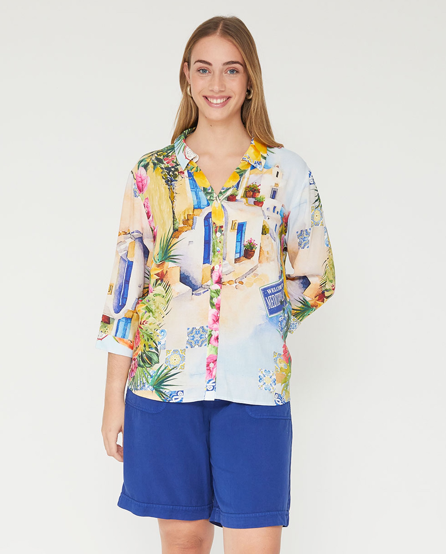 Blusa cuello solapa escote pico con manga tres cuartos - October - Azul Cobalto Azul Cobalto-1