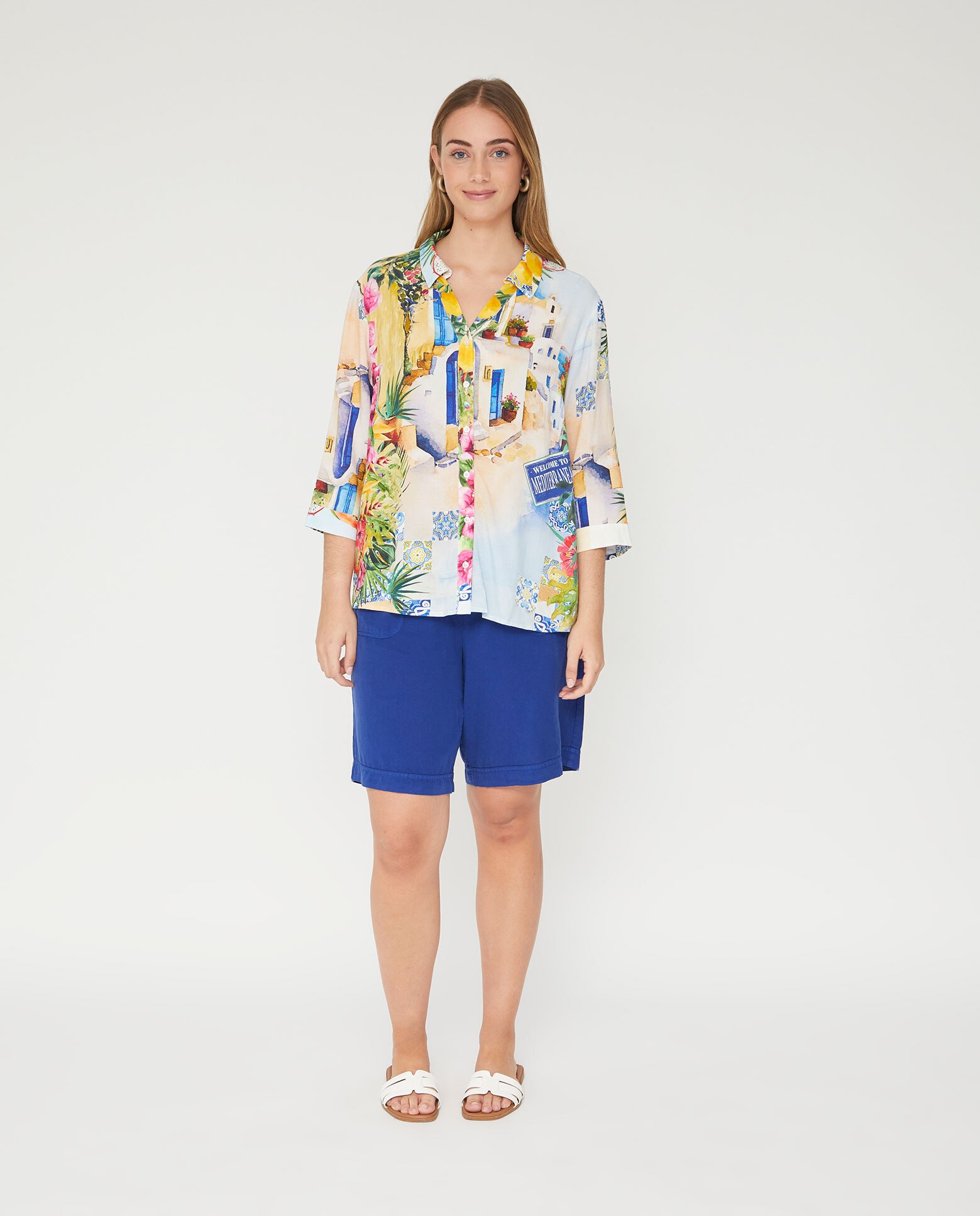 Blusa cuello solapa escote pico con manga tres cuartos - October - Azul Cobalto Azul Cobalto-4