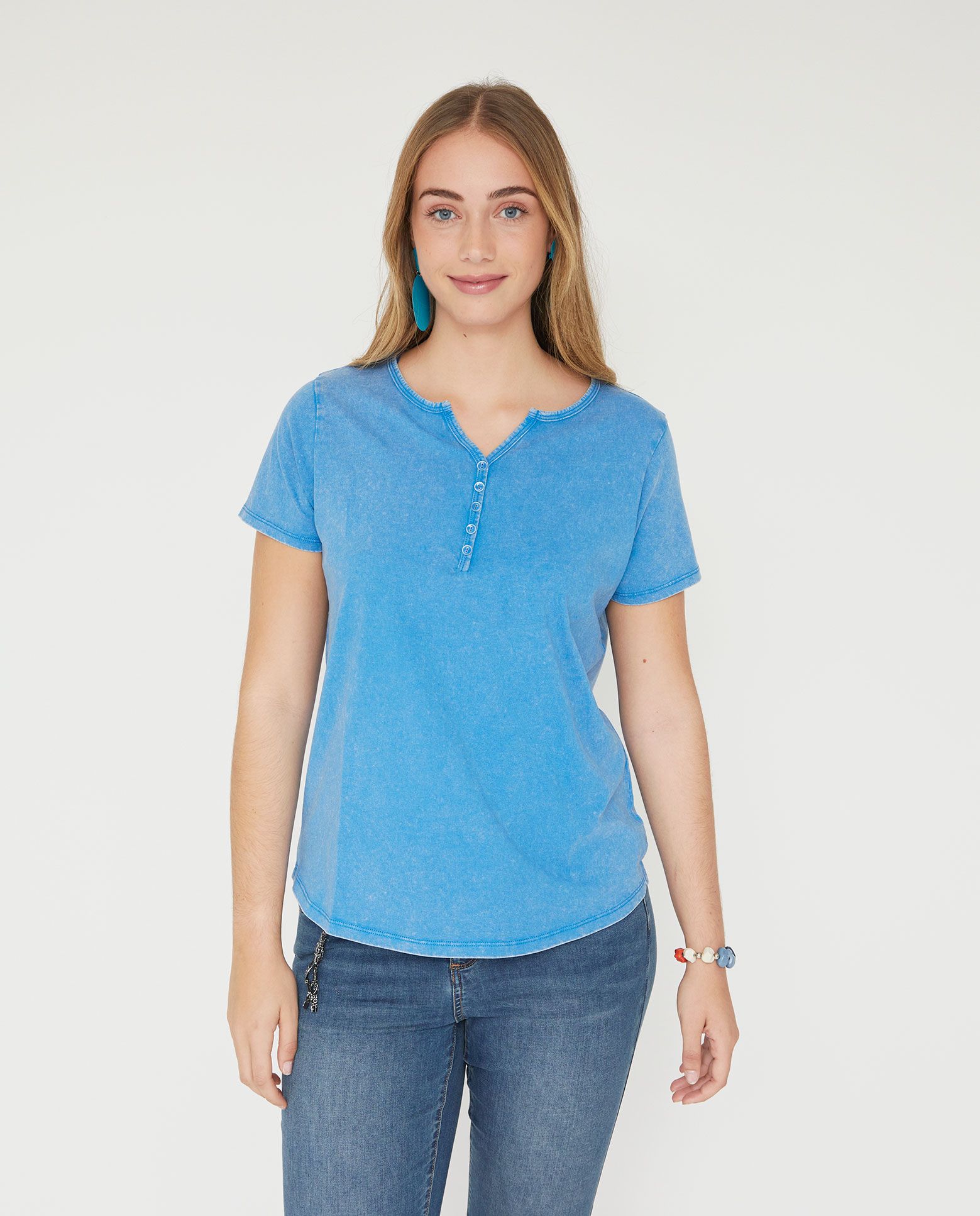 Camiseta de mujer manga corta lavada con fornitura - October - Azul Azul-1