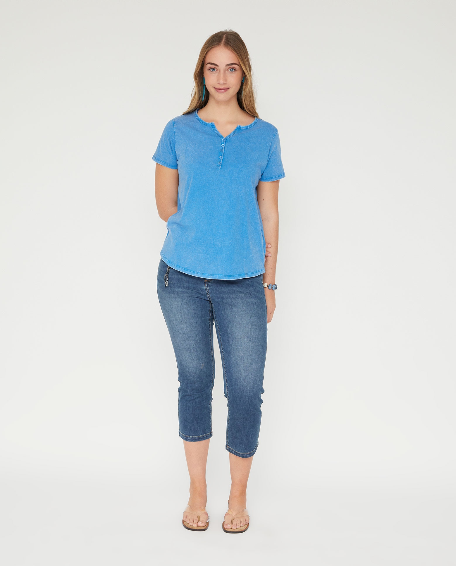 Camiseta de mujer manga corta lavada con fornitura - October - Azul Azul-4