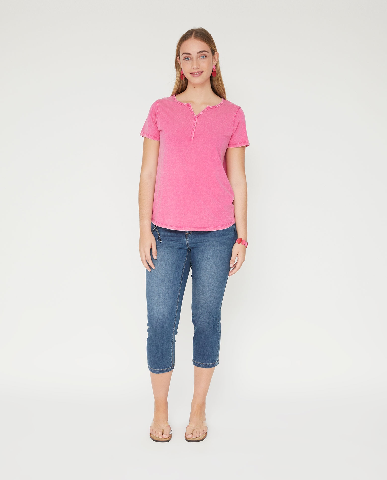 Camiseta de mujer manga corta lavada con fornitura - October - Rosa Rosa-4