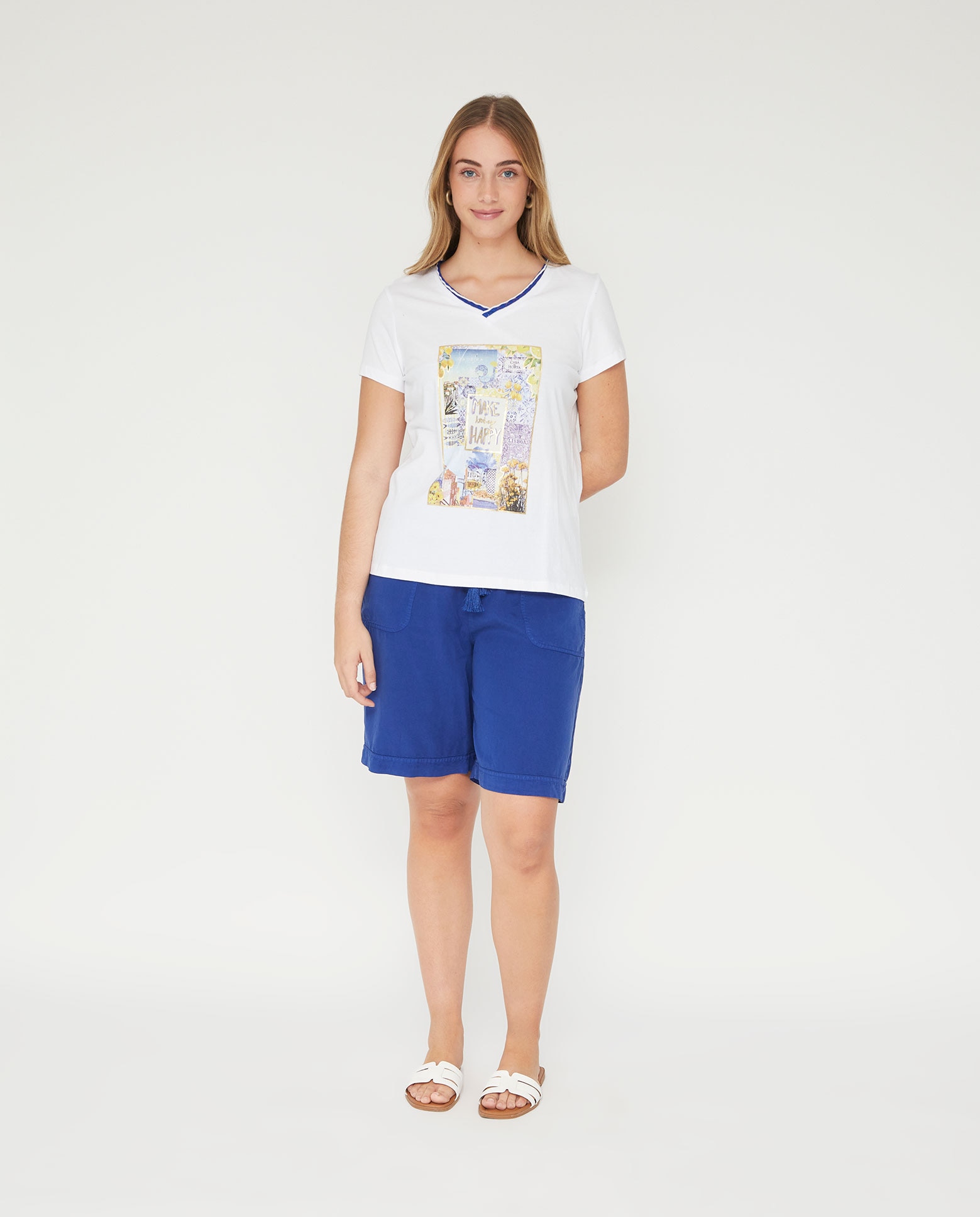 Camiseta de mujer cuello pico manga corta estampado posicional - October - Blanco Blanco-4