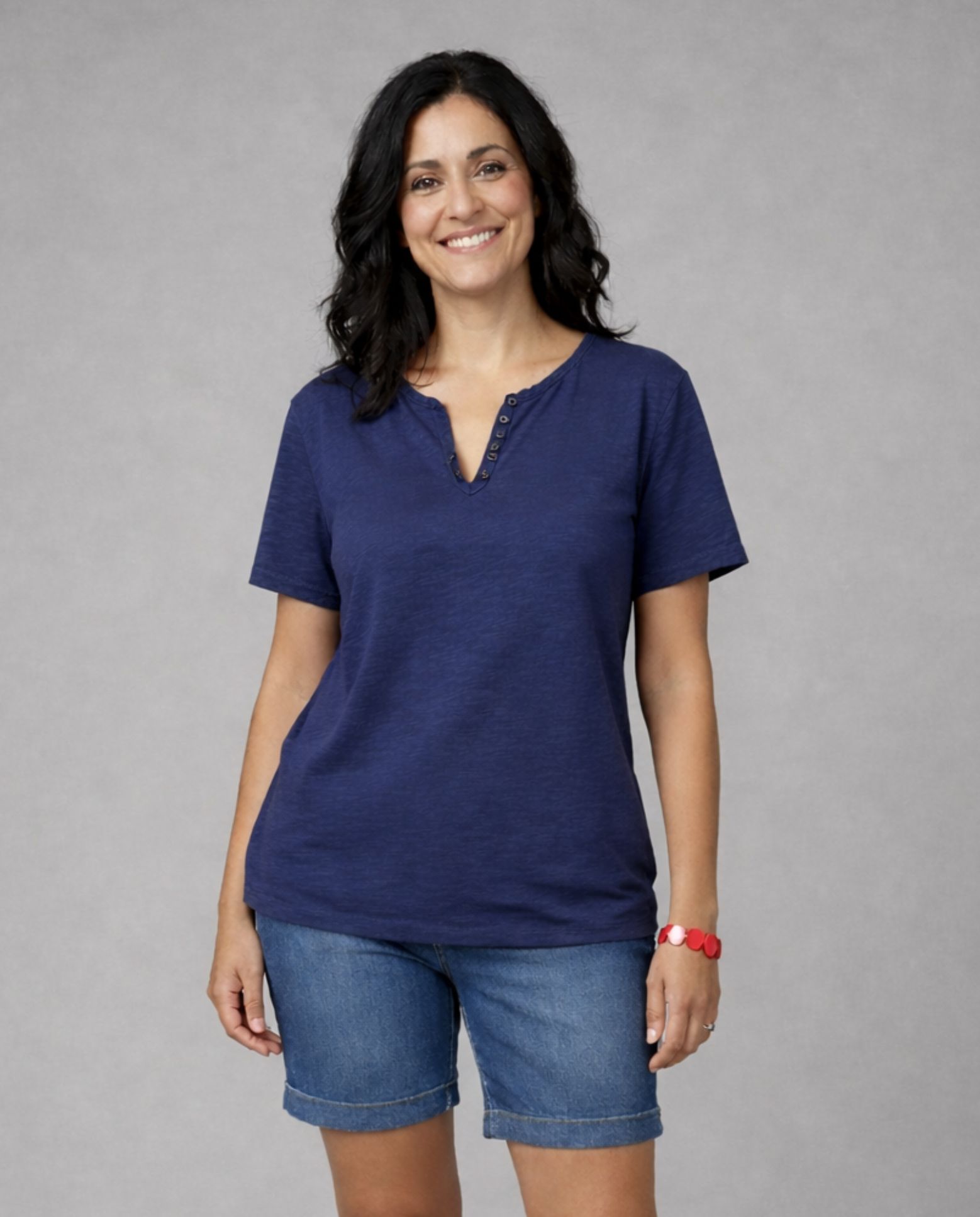 Camiseta de mujer de mujer basica cuello redondo abertura fontal - October - Azul marino Azul marino-1