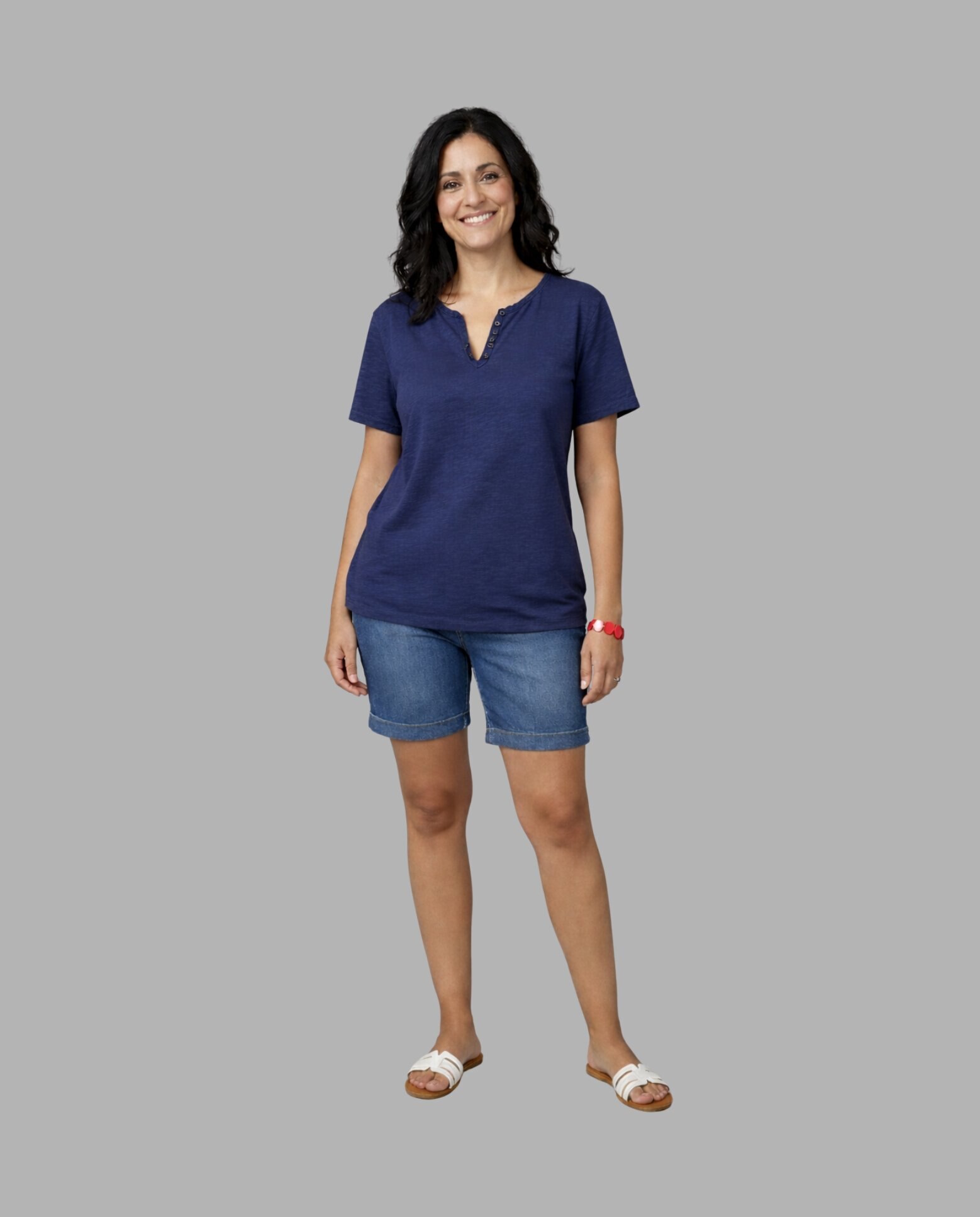 Camiseta de mujer de mujer basica cuello redondo abertura fontal - October - Azul marino Azul marino-4