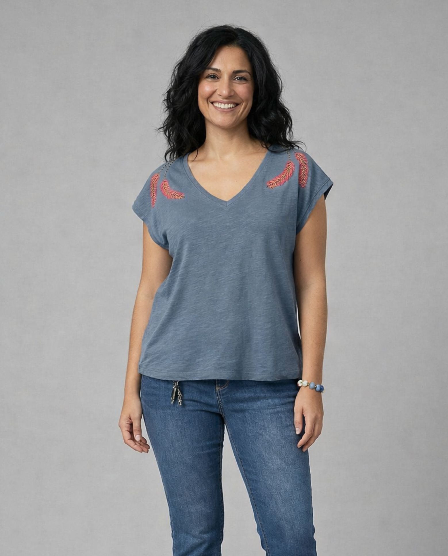 Camiseta de mujer de mujer escote pico abalorios en hombro - October - Azul Azul-1