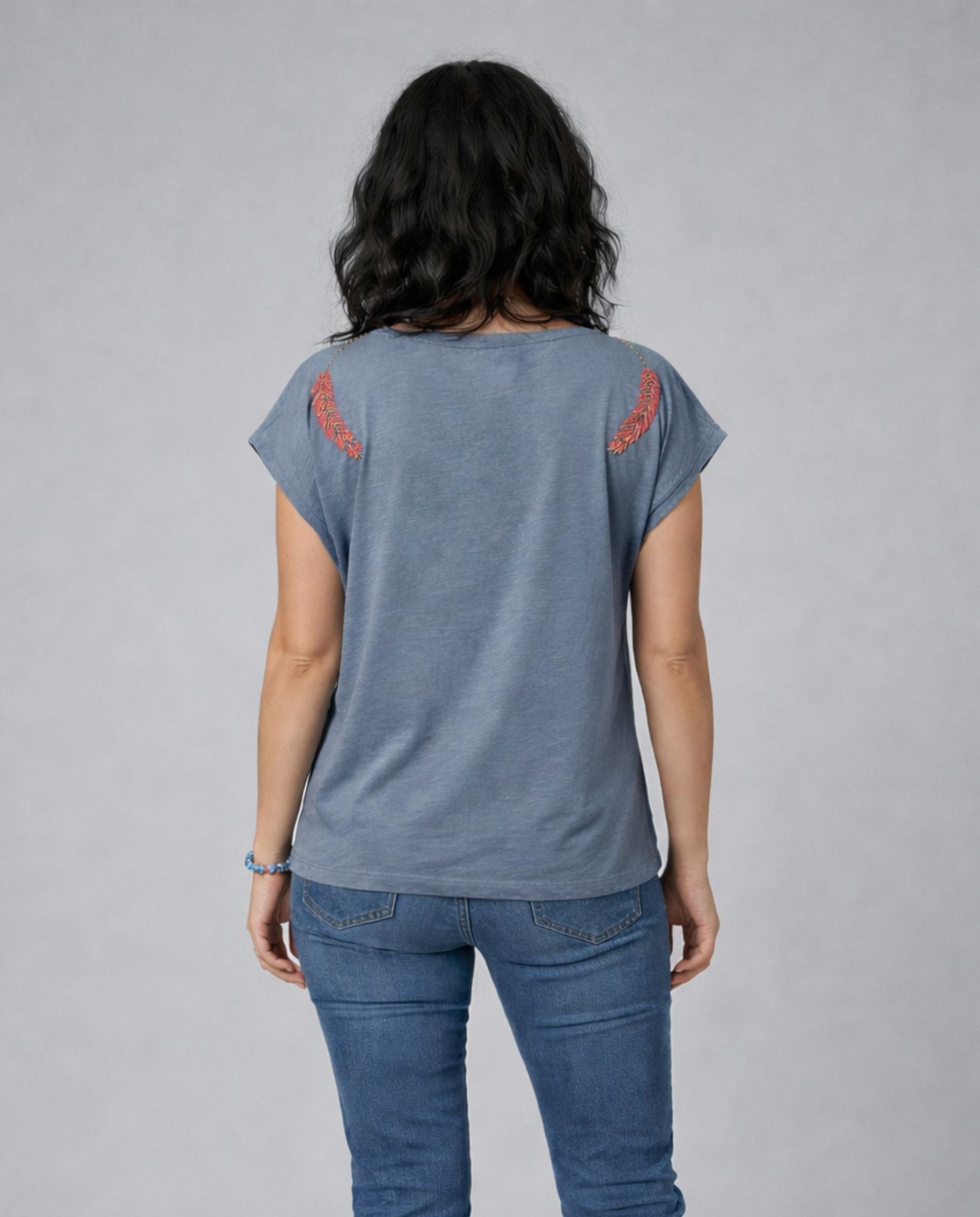 Camiseta de mujer de mujer escote pico abalorios en hombro - October - Azul Azul-2