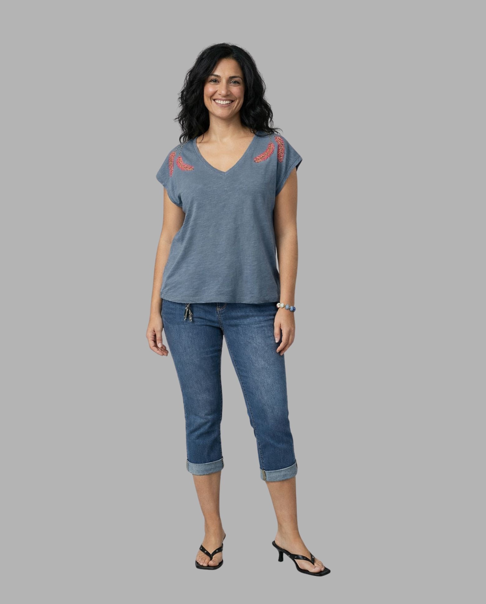 Camiseta de mujer de mujer escote pico abalorios en hombro - October - Azul Azul-4