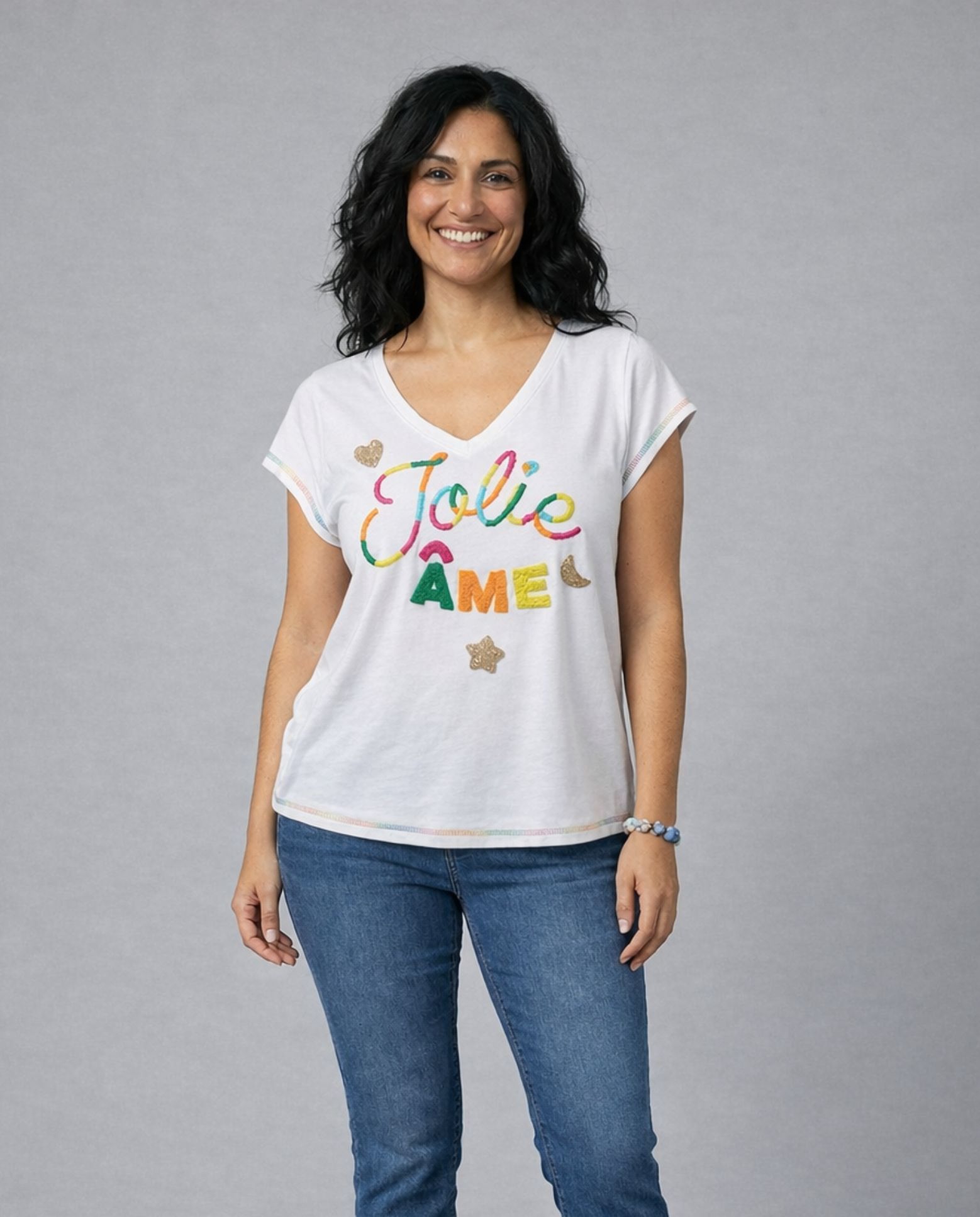 Camiseta de mujer de mujer escote pico abalorios en delantero - October - Blanco Blanco-1