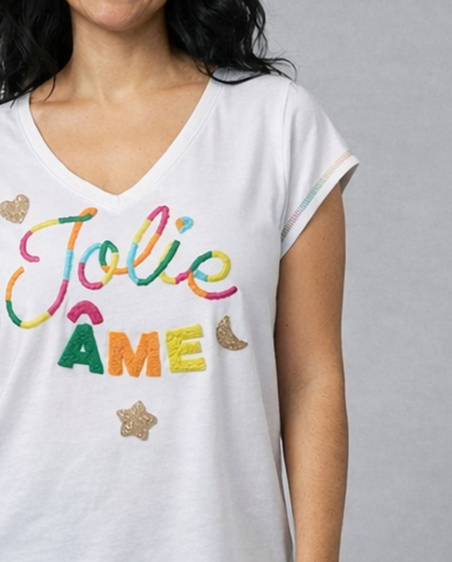 Camiseta de mujer de mujer escote pico abalorios en delantero - October - Blanco Blanco-3